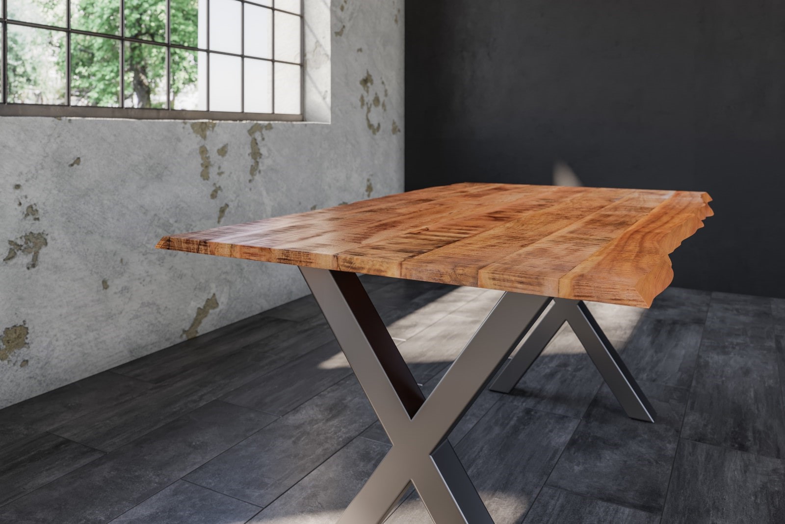 Esstisch Baumkante Massiv Mango naturfarben 160 x 85 silber X-Gestell DORA