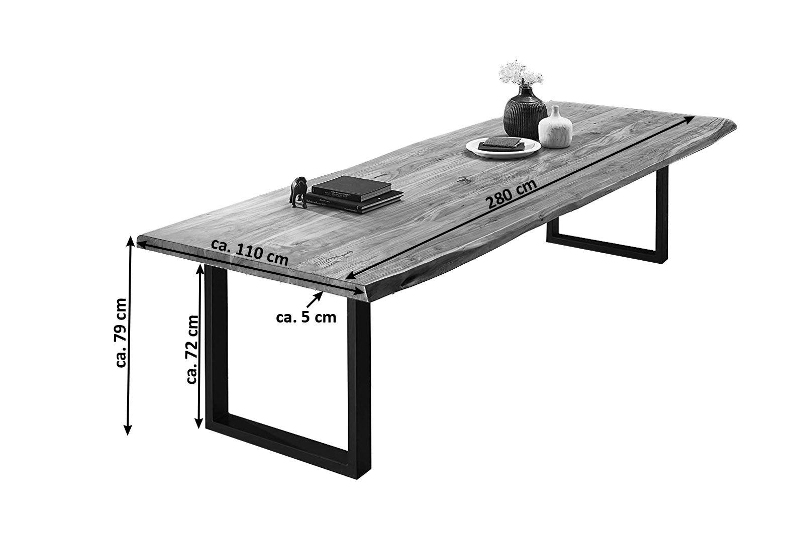  Esstisch Baumkante massiv Akazie natur 280 x 110 schwarz VALIN