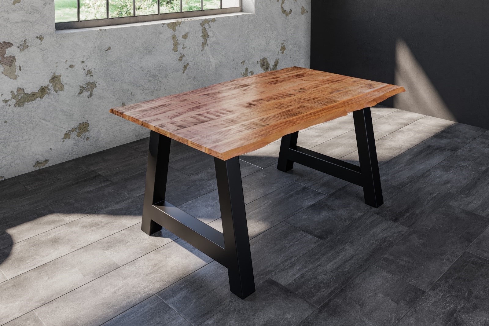 Esstisch Baumkante Massiv Mango naturfarben 160 x 85 schwarz A-Gestell DORA