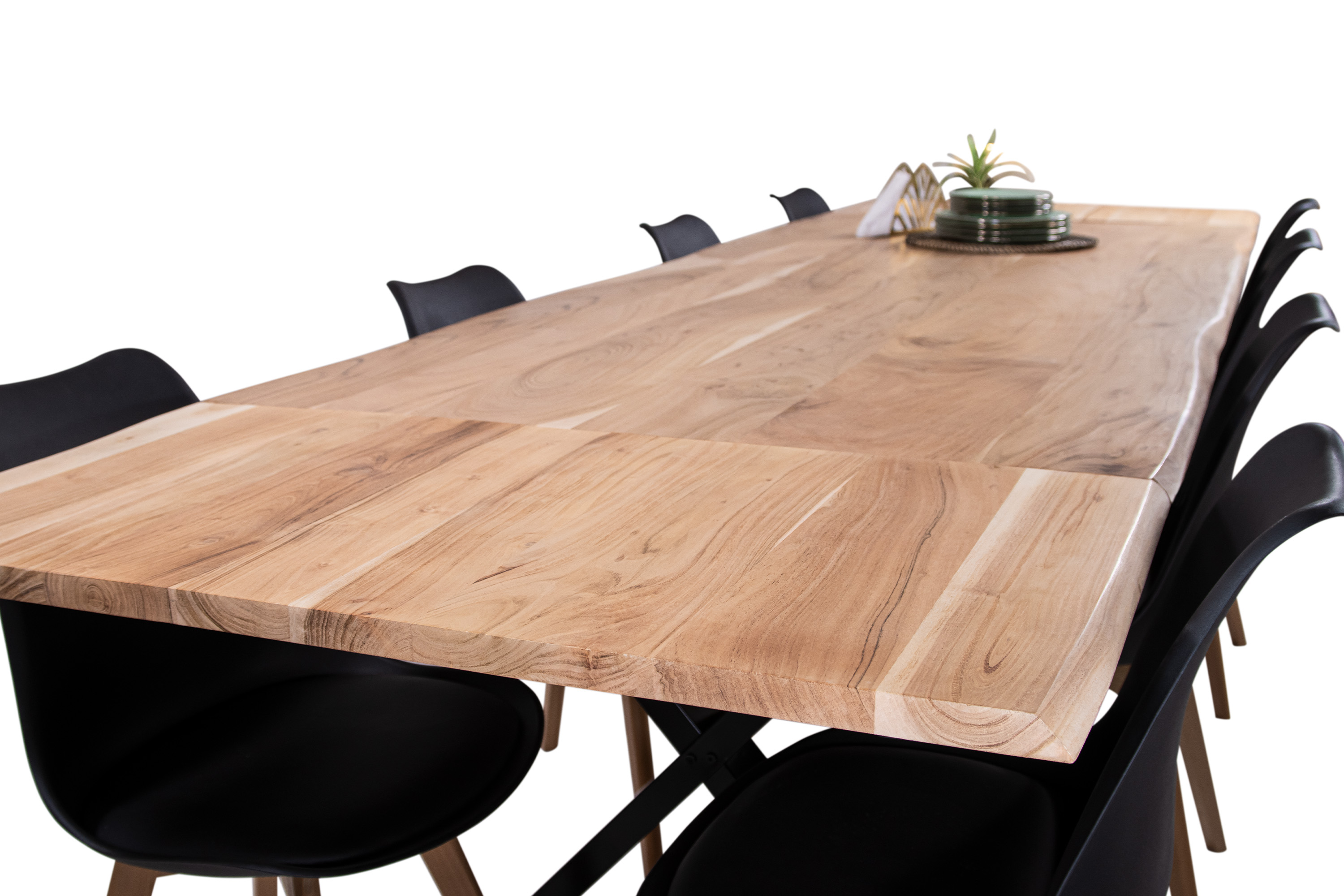 Esstisch Baumkante Akazie natur 200(300)x100 Ansteckplatten X-Gestell schwarz AVINO