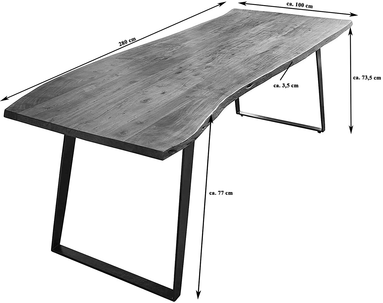 Esstisch Baumkante Akazie nussbaum 280x100 silber schräges U-Gestell HOBART