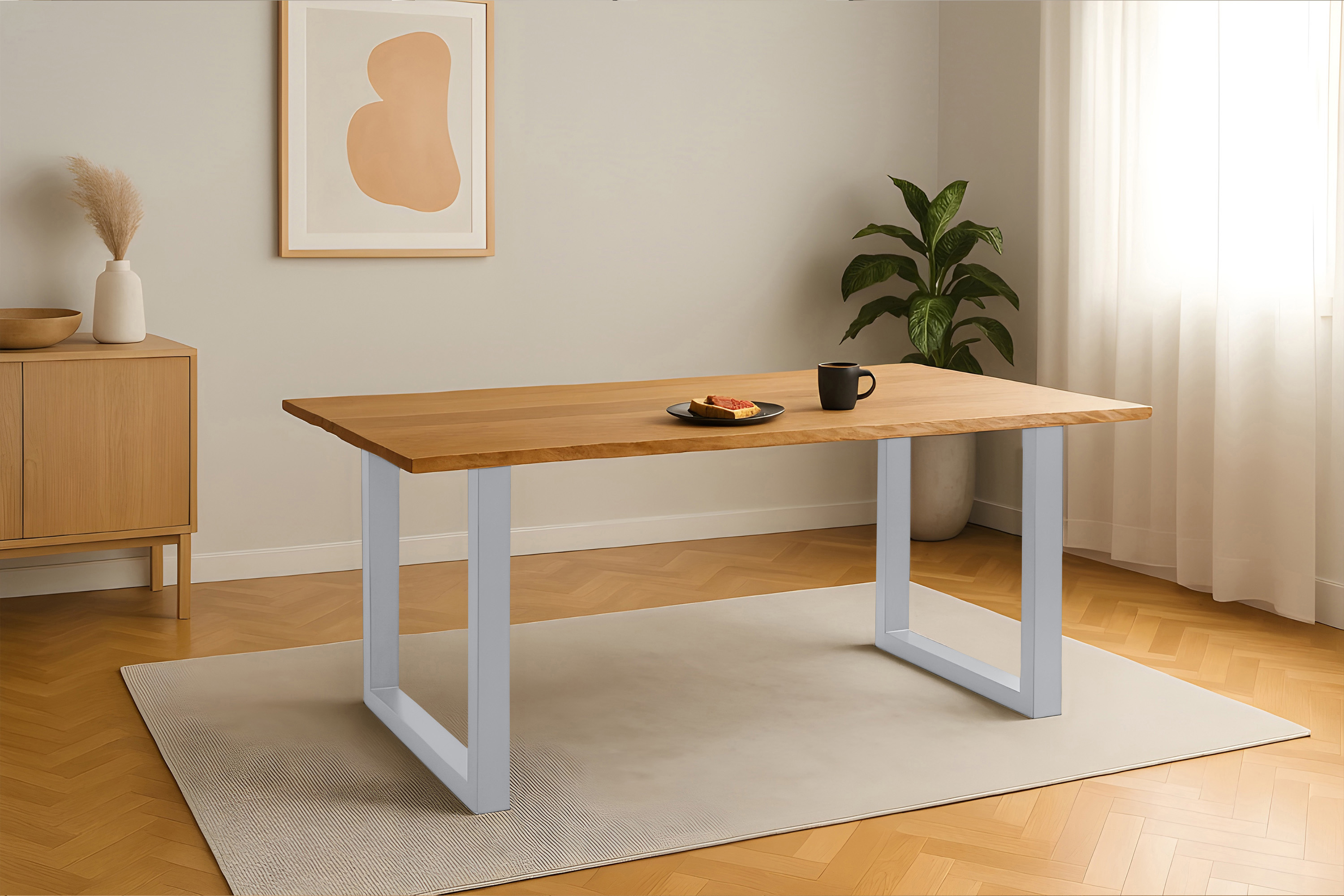 Esstisch Baumkante massiv Eiche geölt 200 x 100 cm U-Gestell silber SALVADOR