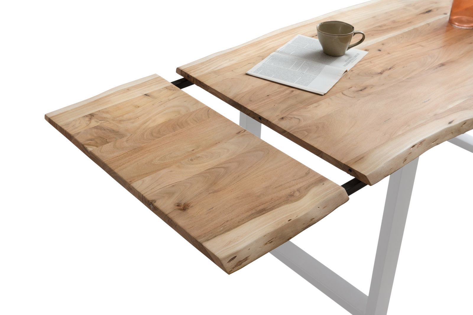 Esstisch Baumkante Akazie natur 200(300)x100 Ansteckplatten silber PAULO
