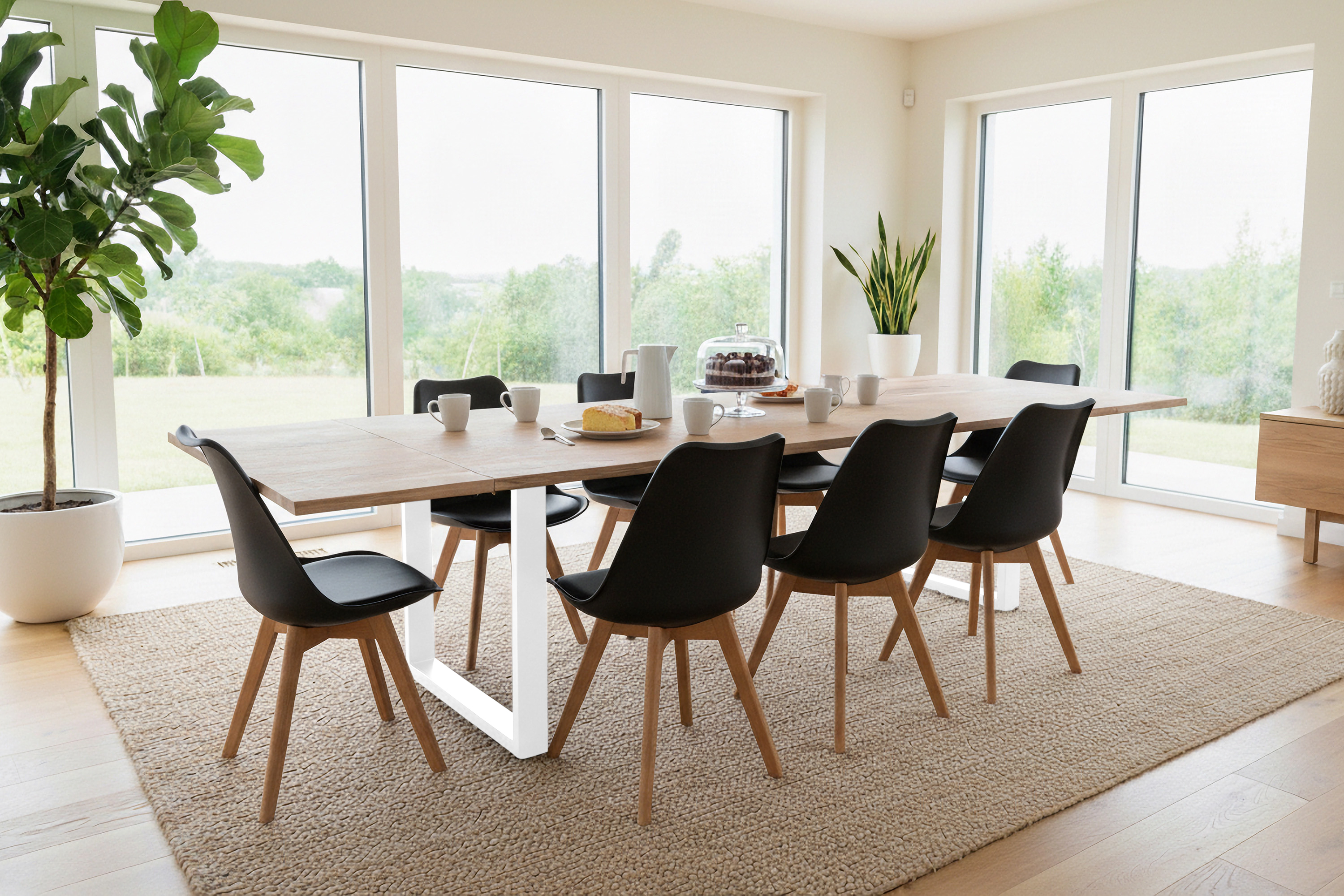 Esstisch Baumkante Akazie natur 200(300)x100 Ansteckplatten U-Gestell weiß AVINO