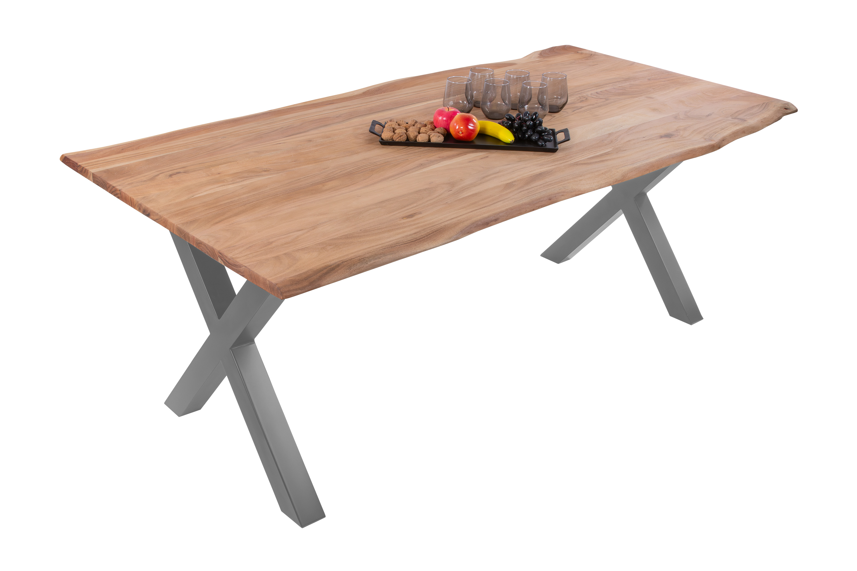 Esstisch Baumkante massiv Akazie eichefarben 160 x 85 cm X-Gestell silber DEREK