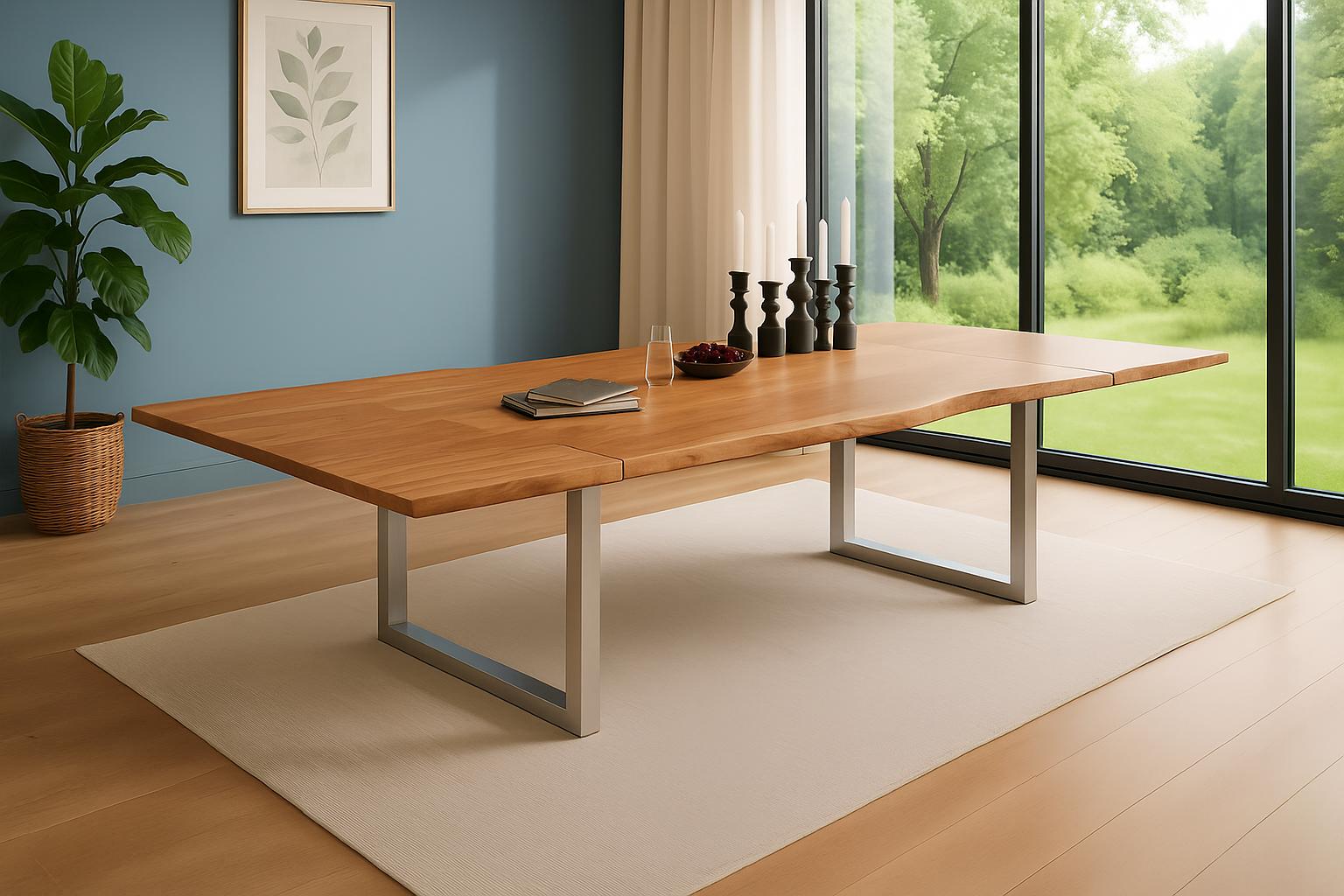 Esstisch Baumkante Akazie natur 220(320)x100 Ansteckplatten silber ADINA