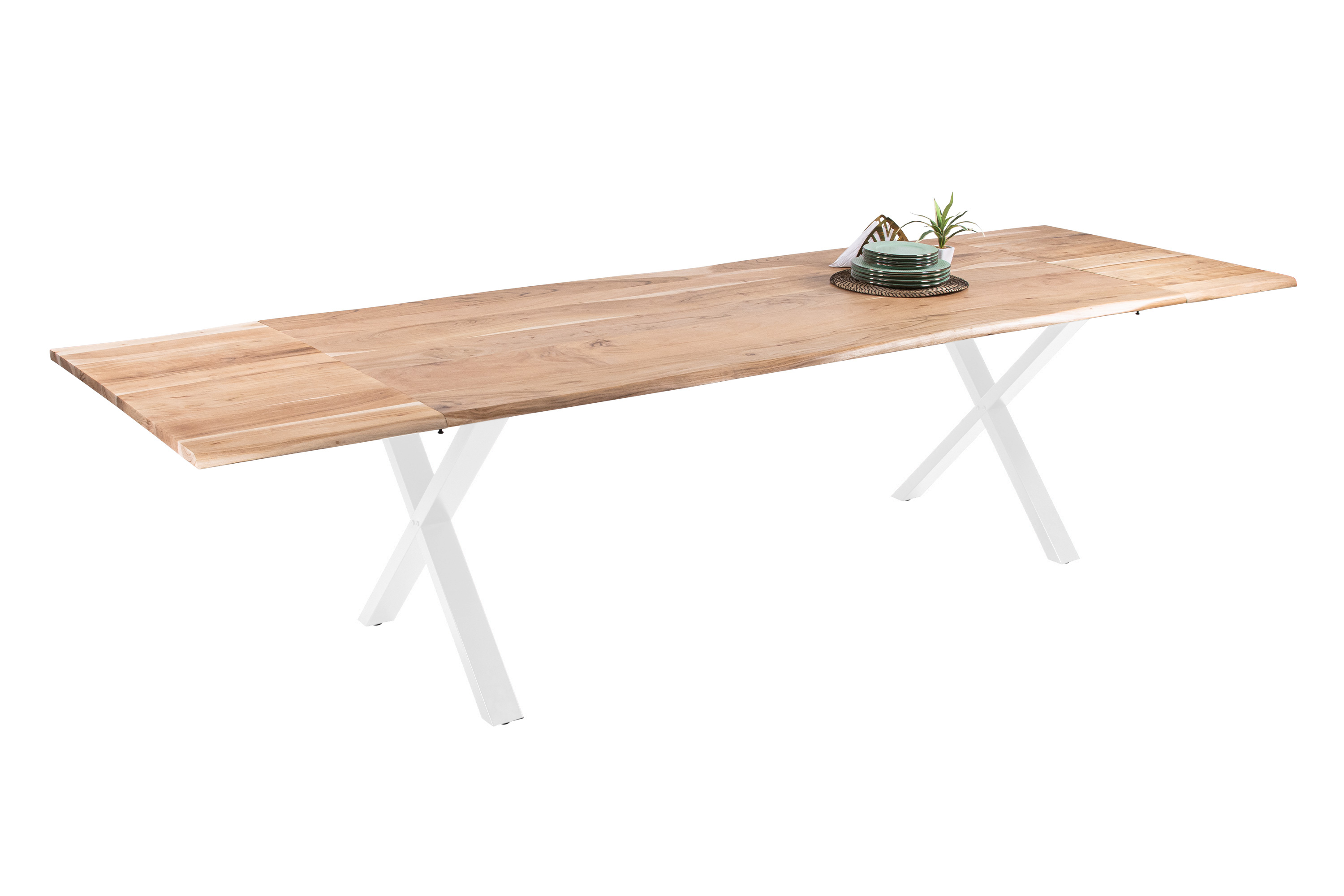 Esstisch Baumkante Akazie natur 200(300)x100 Ansteckplatten X-Gestell weiß AVINO