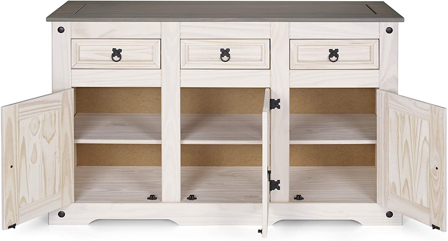  Sideboard Kommode 132 x 84 x 44 cm Pinienholz weiß grau lasiert MEXICO
