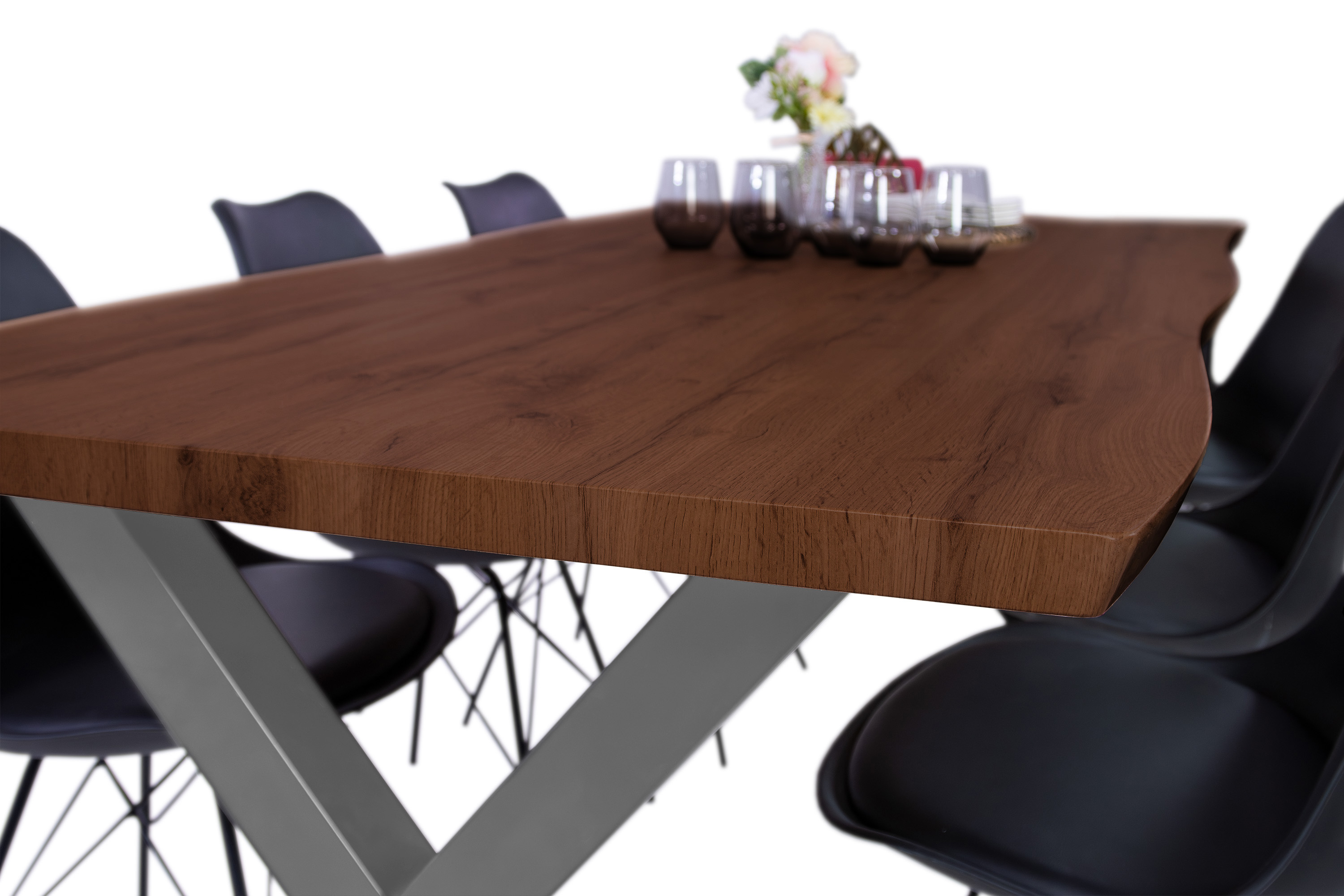 Esstisch Baumkante Holz-Optik Nussbaum 200 x 100 X-Gestell silber JOSY
