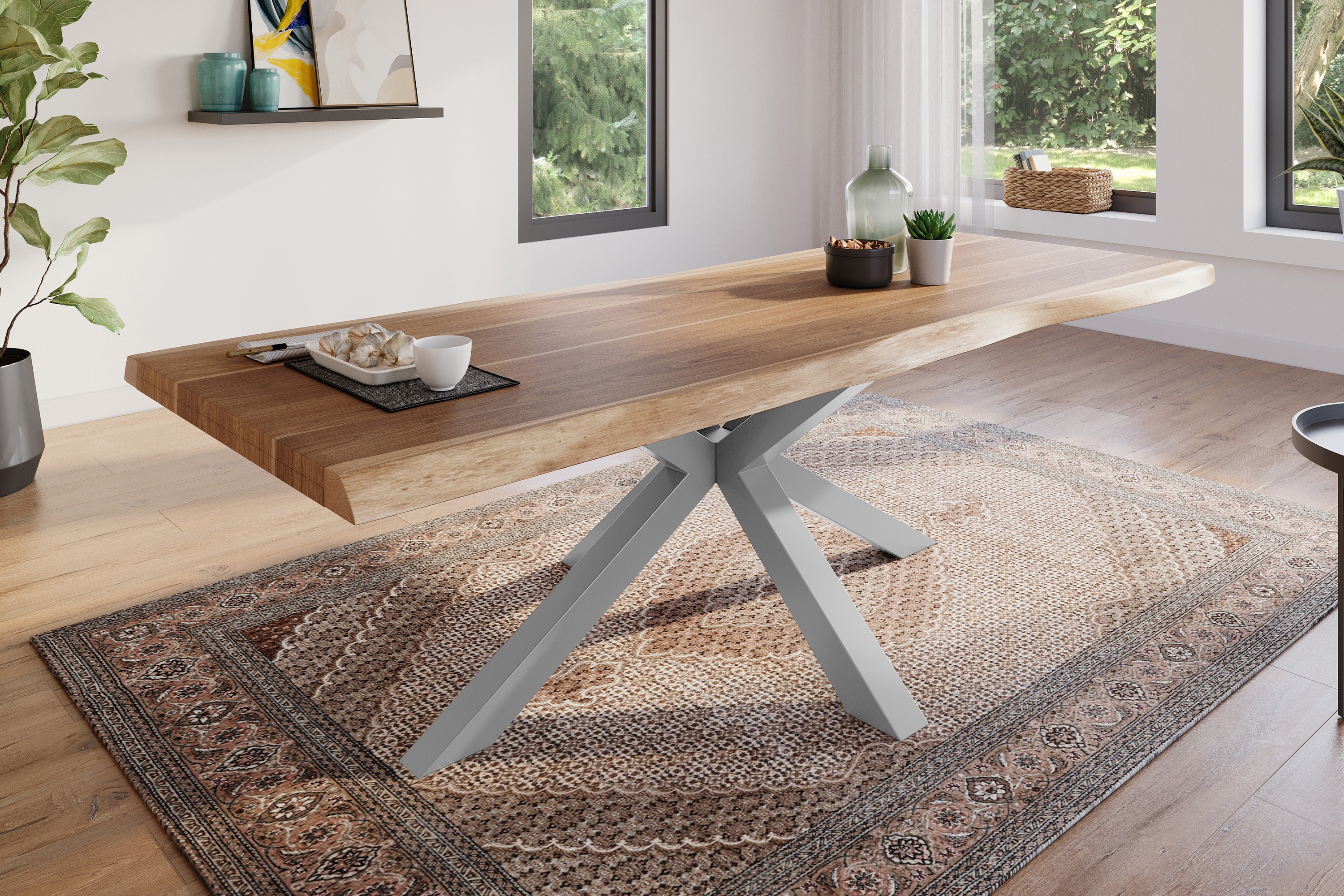 Esstisch Baumkante massiv Akazie natur 260 x 100 Spider-Gestell silber ATLAS