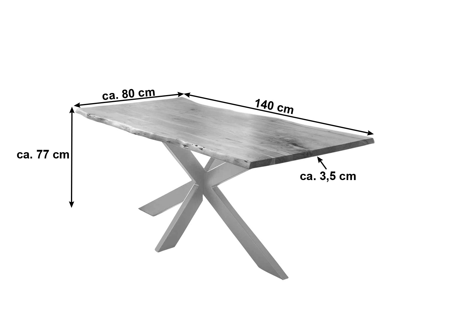 Esstisch Baumkante Akazie naturfarben 140 x 80 cm Spider-Gestell silber TABEA
