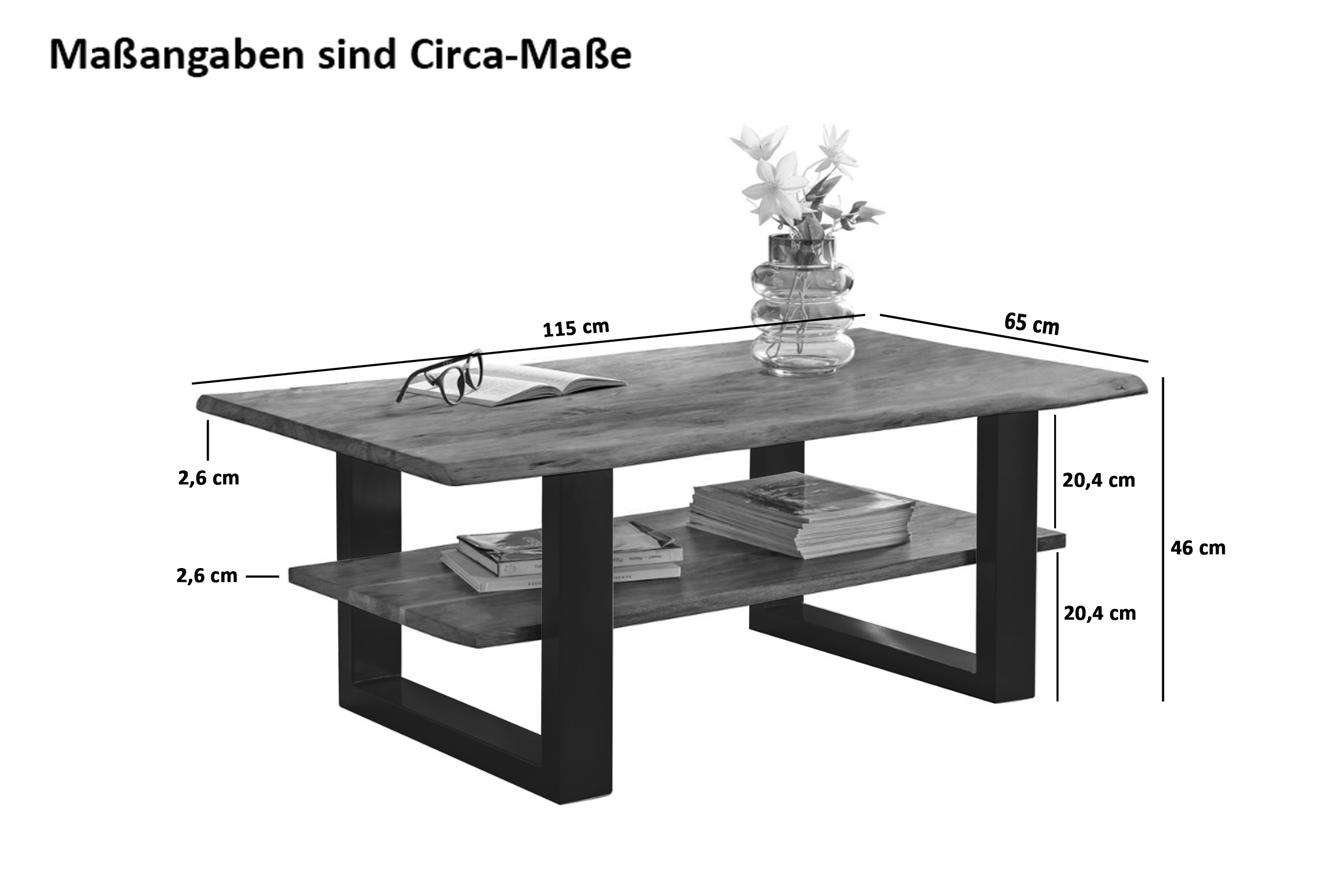 Couchtisch Baumkante 115 x 65 cm Akazie massiv + nussbaumfarben schwarz PATRICK