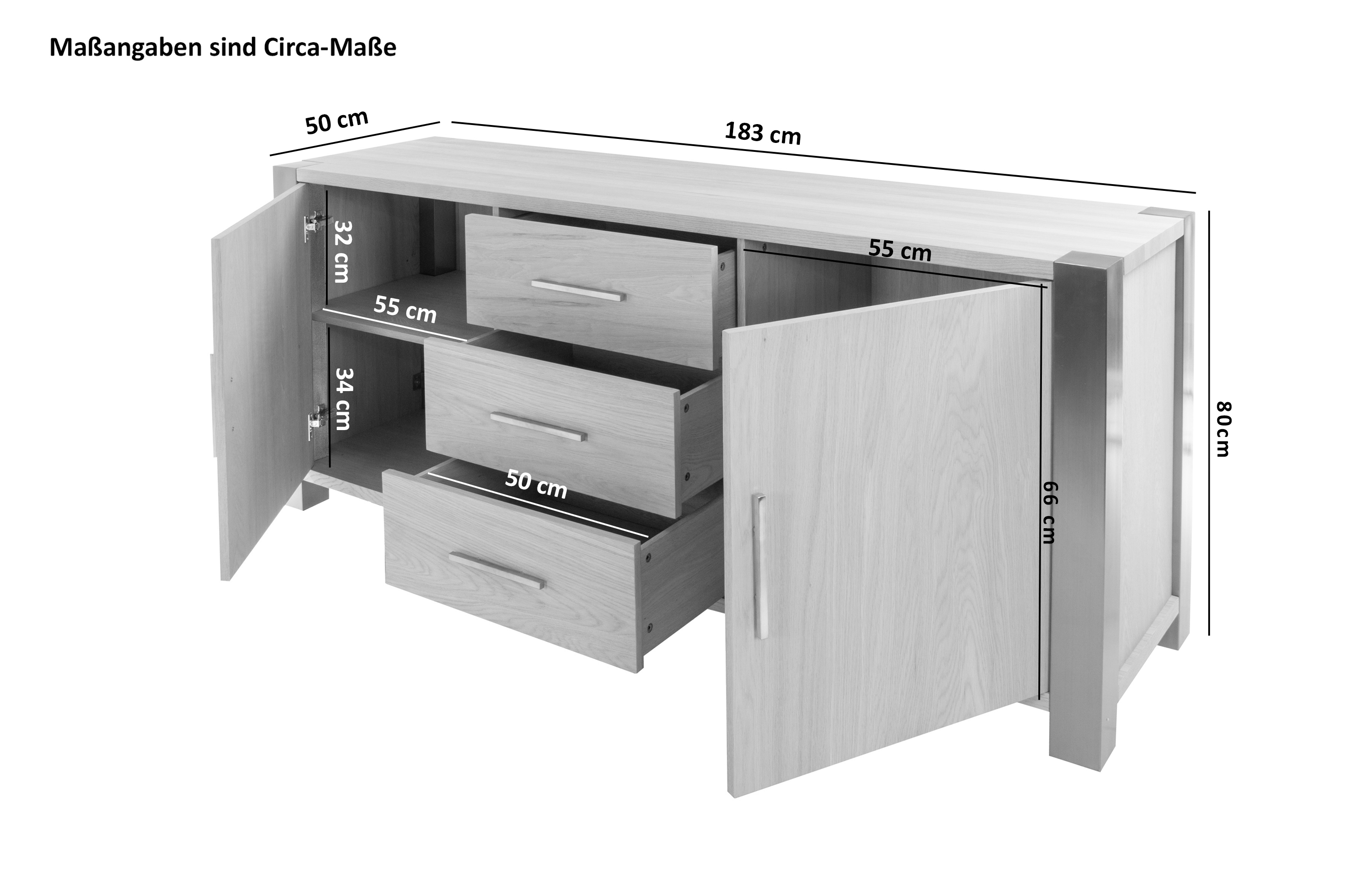 Sideboard Kommode 183 x 80 x 50 cm Eichenholz weiß lackiert OTTAWA