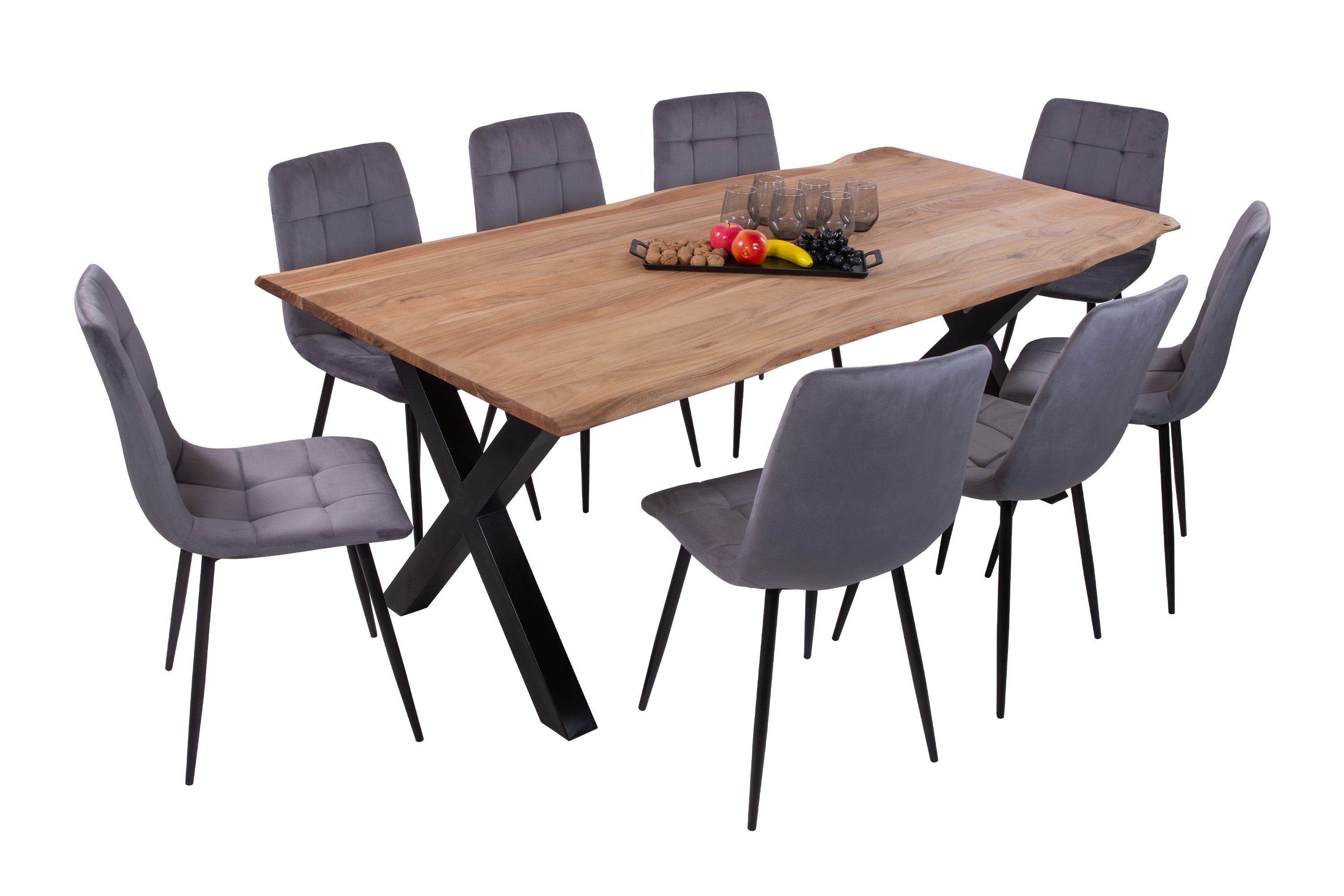 Esstisch Baumkante massiv Akazie eichefarben 160 x 85 cm X-Gestell schwarz DEREK