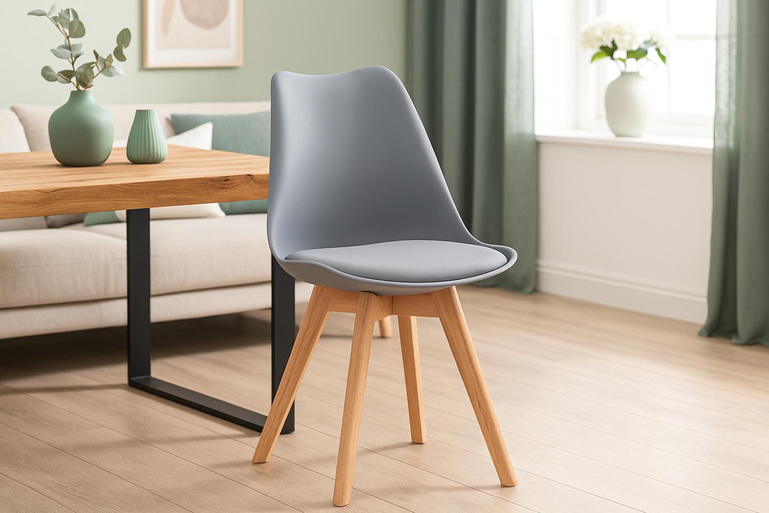 Esszimmer Schalenstuhl & Polster Kunstleder grau Stuhlbein Massivholz buchefarben LOVELACE