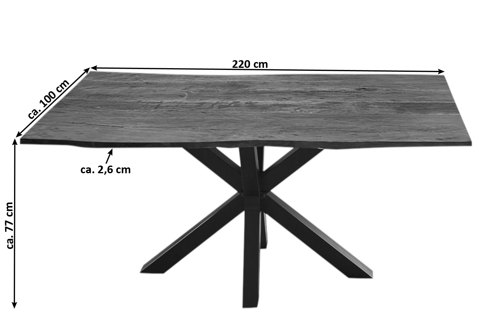  Esstisch Baumkante massiv Akazie nussbaum 220 cm Spider-Gestell schwarz QUINCY