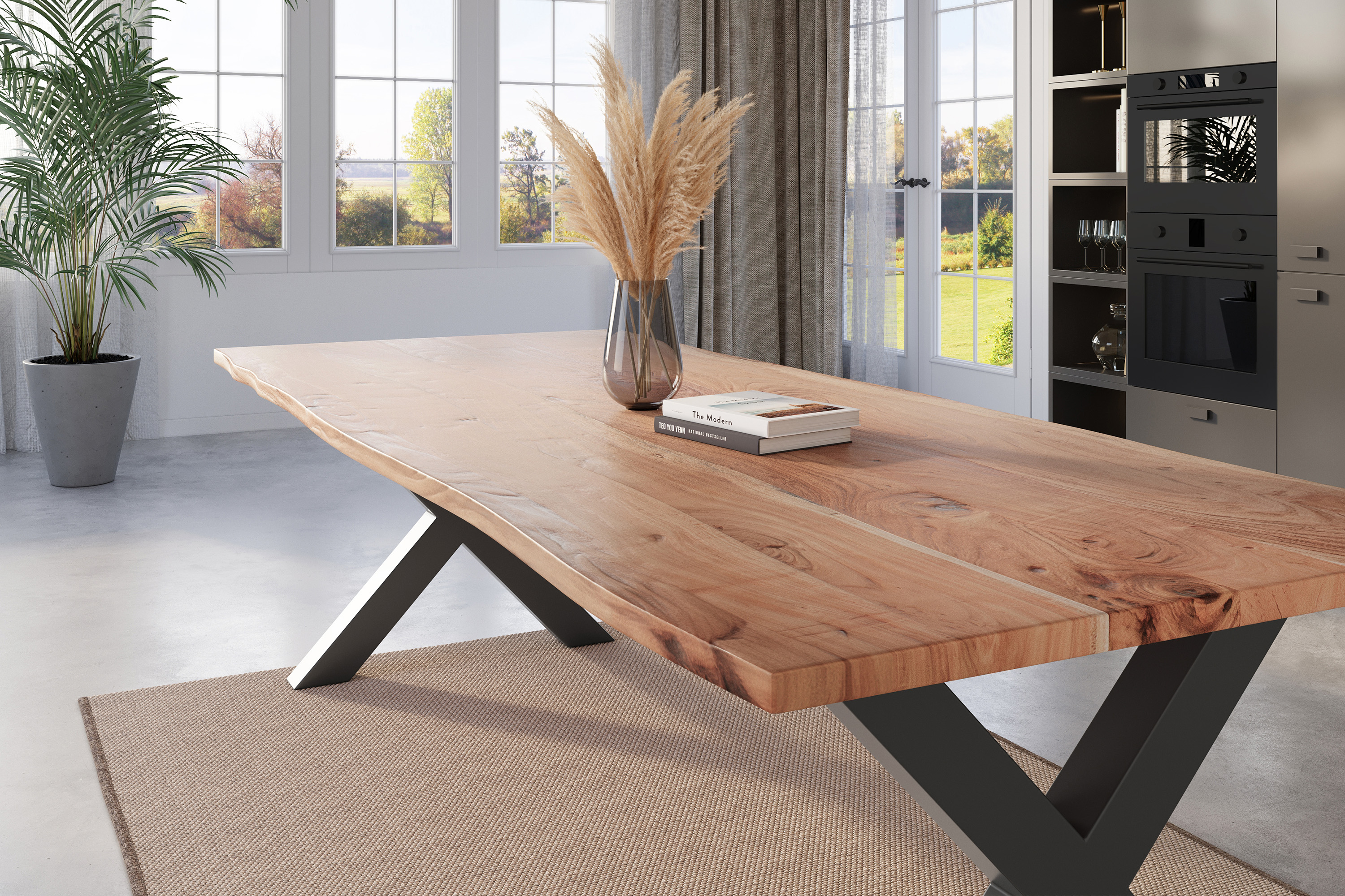 Esstisch Baumkante massiv Akazie natur 240 x 100 schwarz X-Gestell NICK