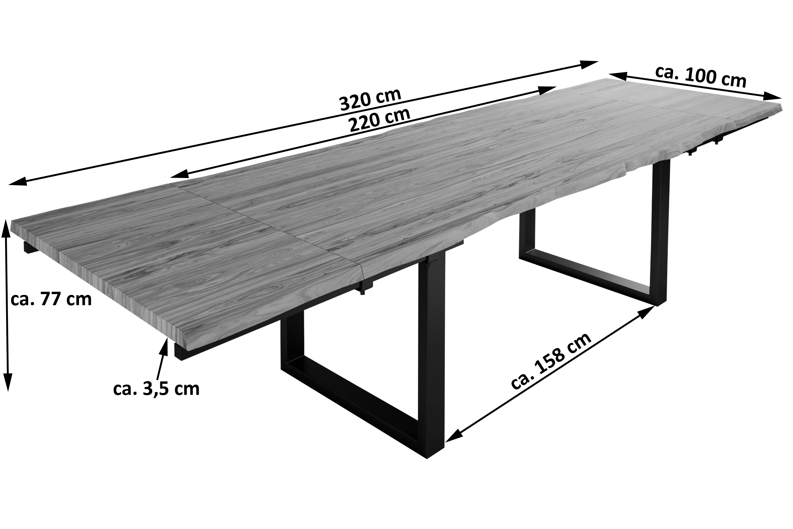 Esstisch Baumkante Akazie stone 220 (320) x 100 mit Ansteckplatten BARCELONA