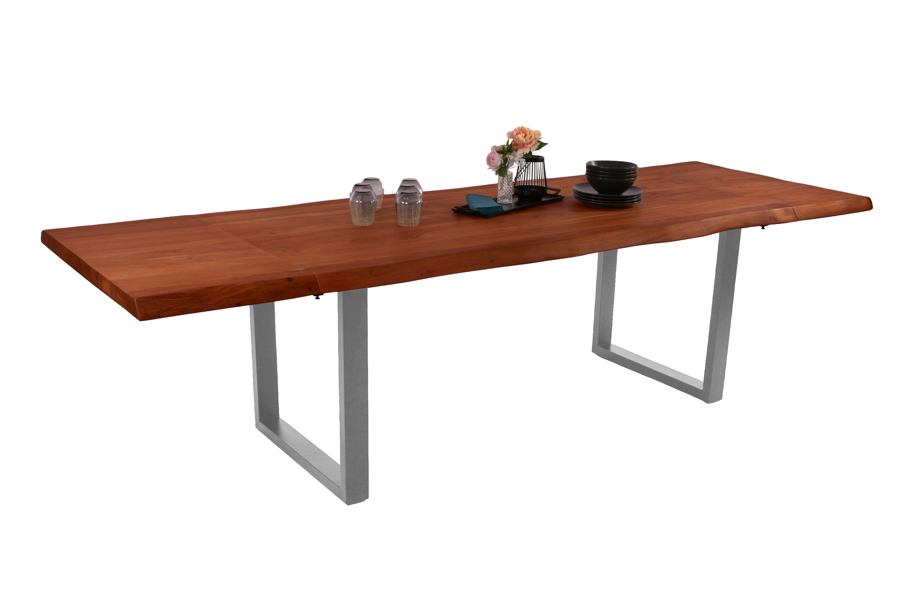 Esstisch Baumkante Akazie nuss 140 (220) x 90 cm U-Gestell silber mit Ansteckplatten CALI