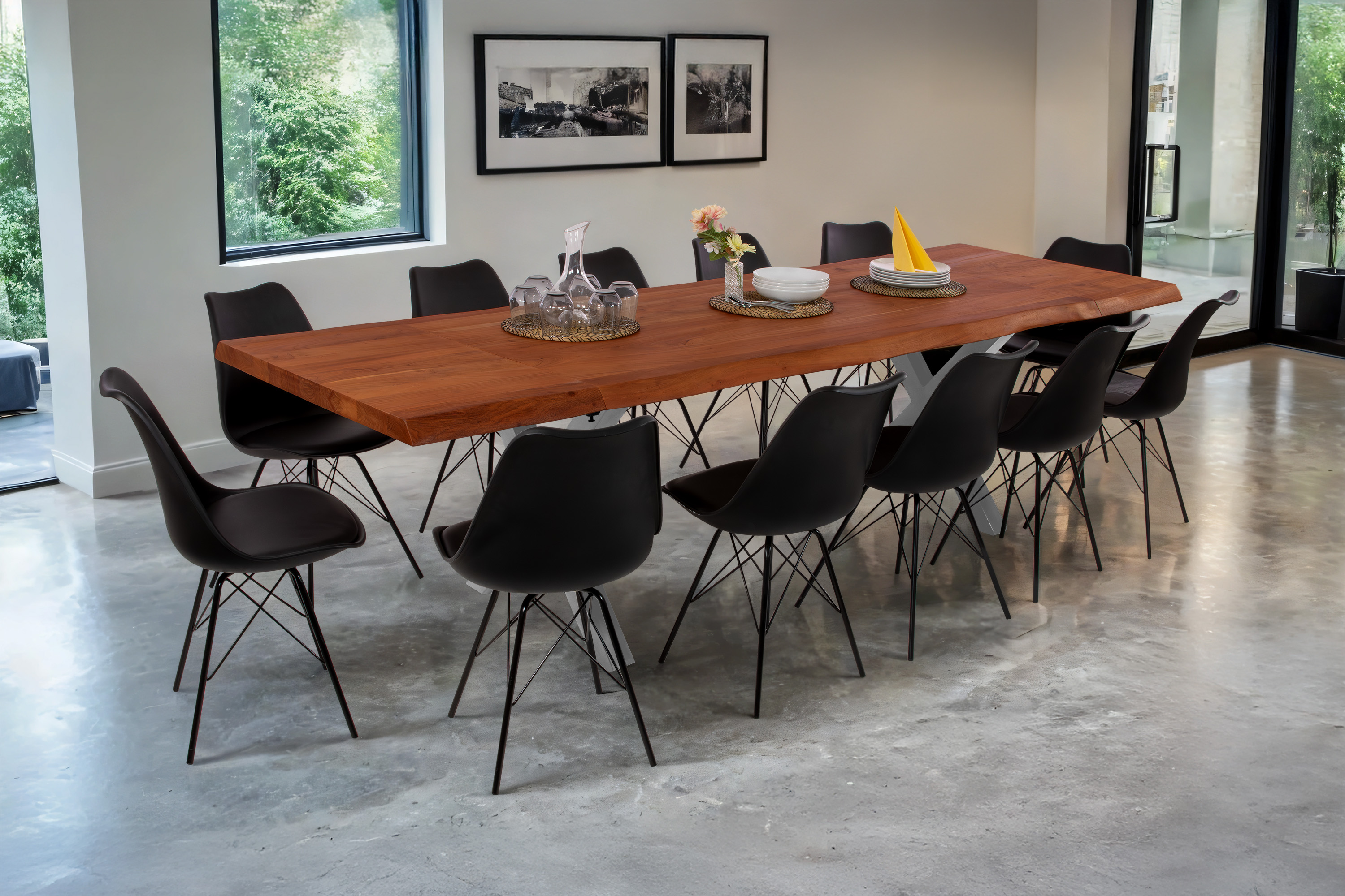 Esstisch Baumkante Akazie nuss 140 (220) x 90 cm X-Gestell silber mit Ansteckplatten CALI