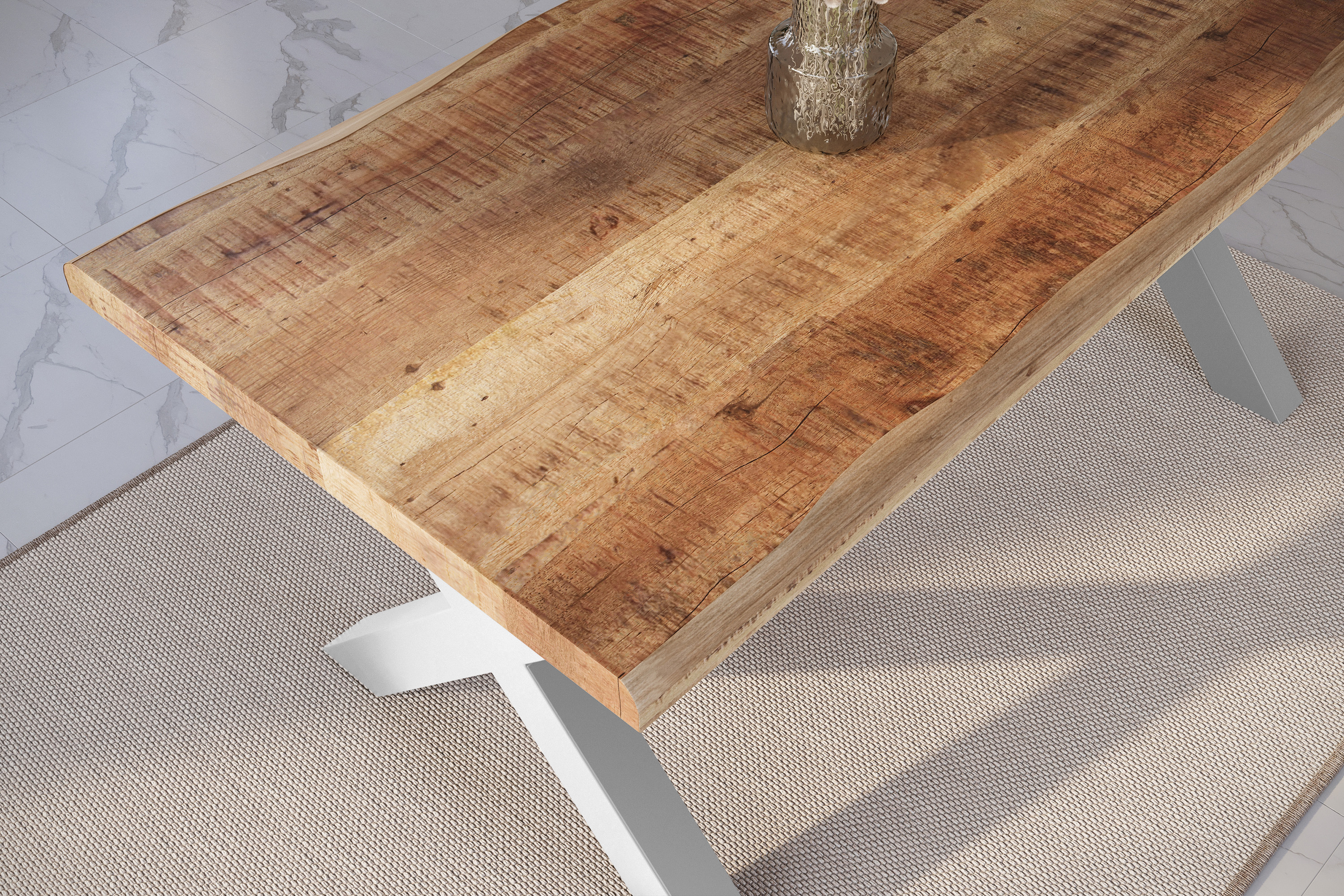 Esstisch Baumkante massiv Mango rough 180 x 90 X-Gestell silber ATLAS
