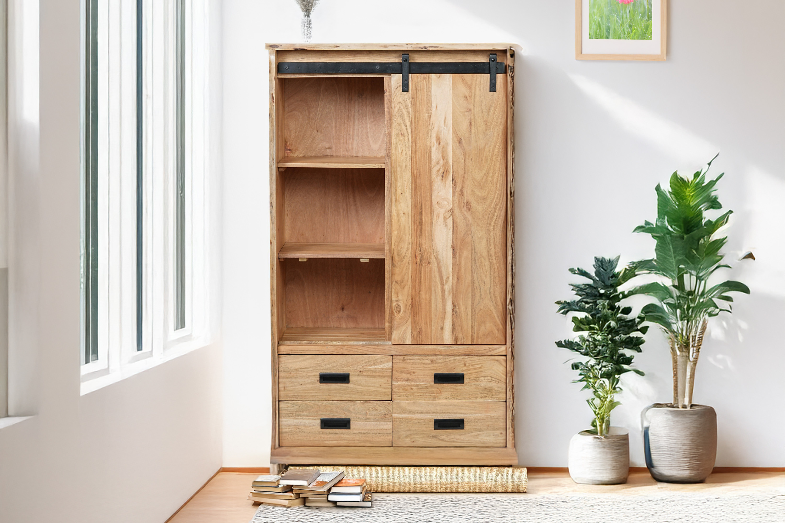 Highboard Baumkante 90 x 45 x 150 cm Akazienholz massiv naturfarben LIAN II