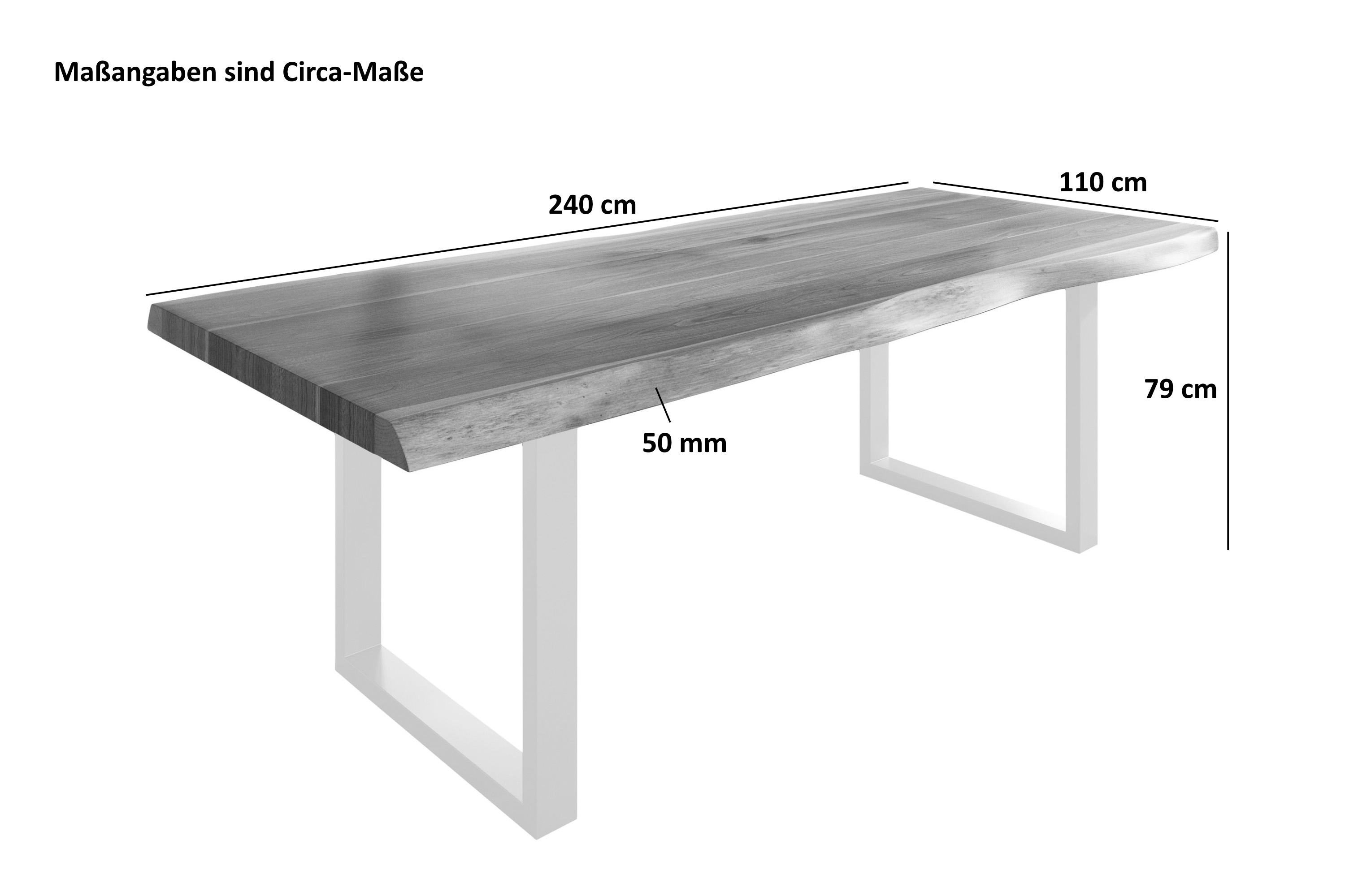 Esstisch Baumkante massiv Akazie nussbaumfarben 240 x 110 U-Gestell Metall weiß TITAN