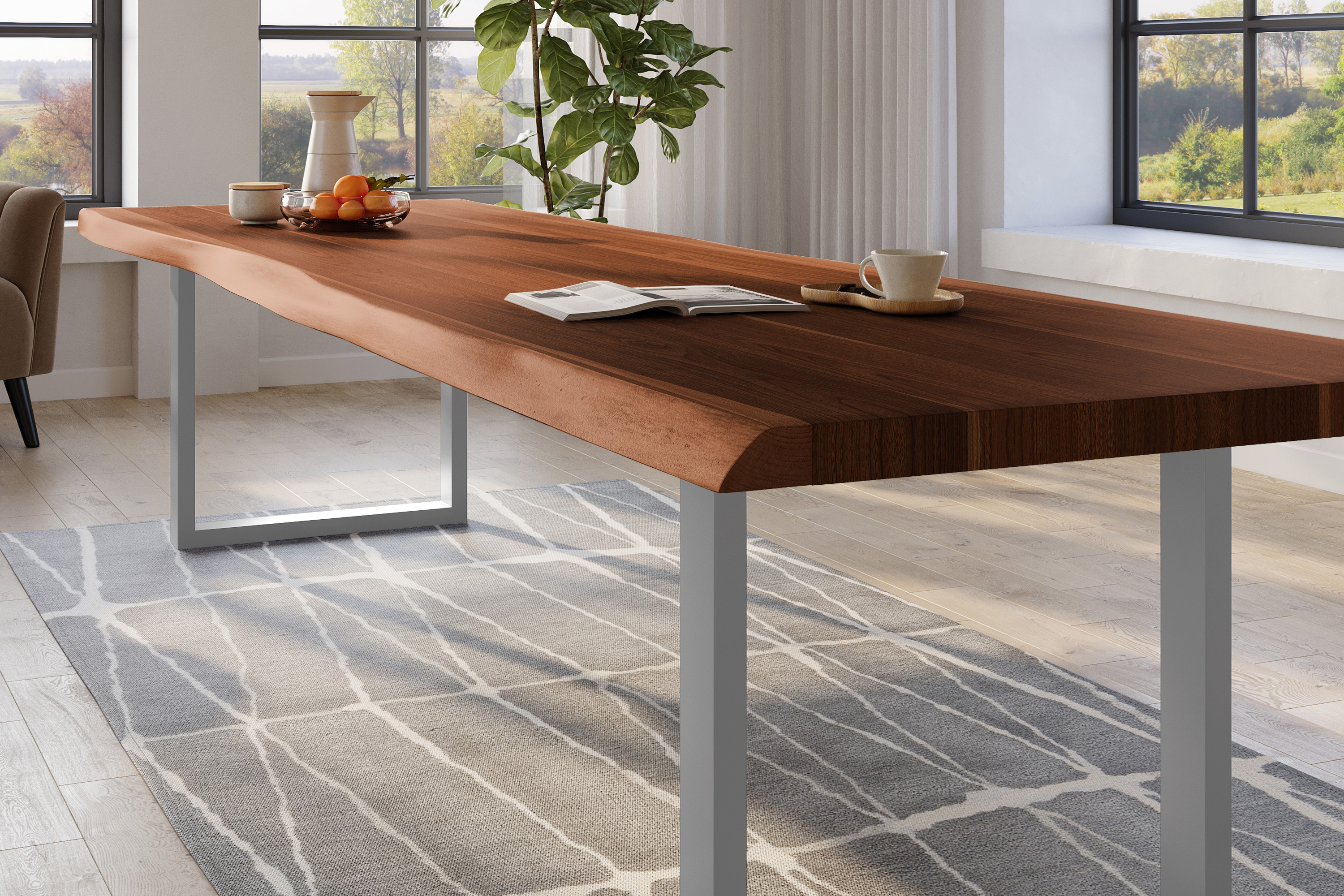 Esstisch Baumkante massiv Akazie nussbaumfarben 300 x 110 U-Gestell Metall silber TITAN