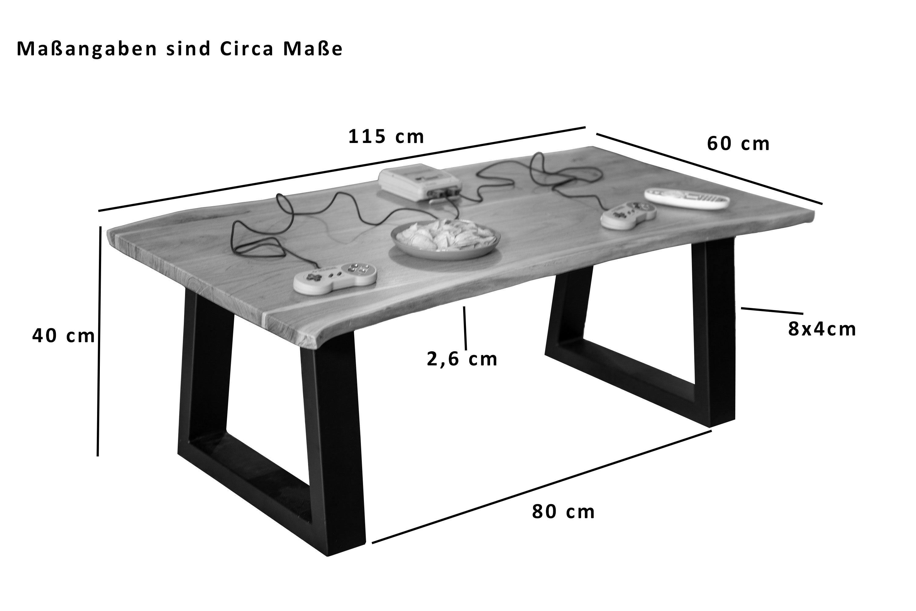 Couchtisch Baumkante mit Trapez-Metallgestell Akazie massiv 115 x  60 cm naturfarben APRIL