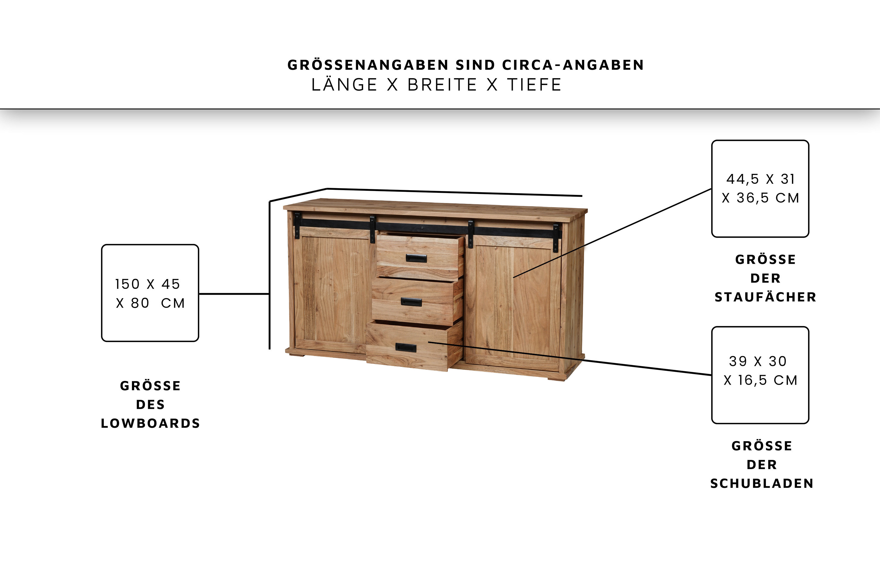 Sideboard 150 x 45 x 80 cm Akazienholz massiv naturfarben ohne Baumkante LIAN 1