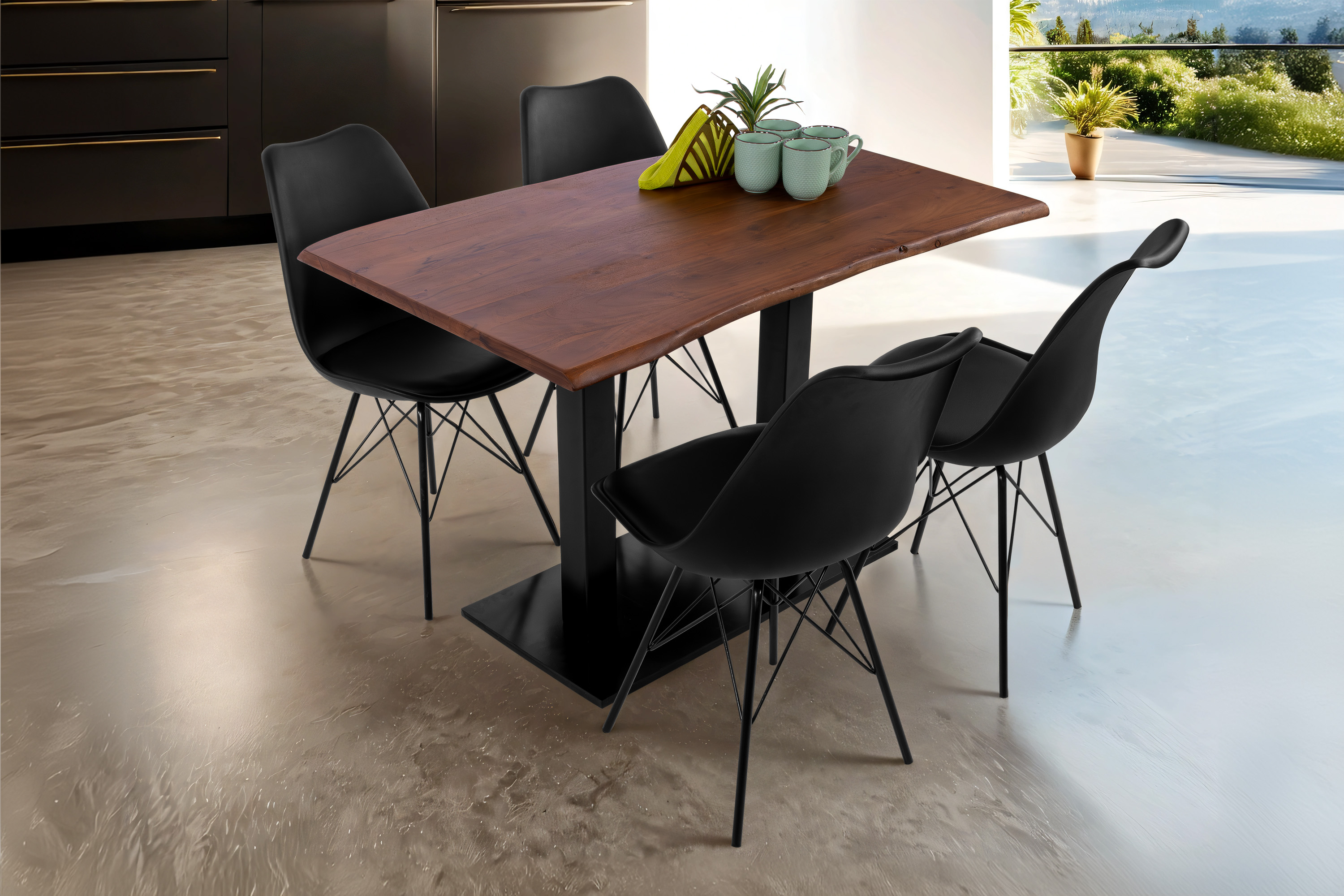 Bistrotisch Baumkante massiv 120x70cm Akazie Nussbaumfarben schwarz Säulengestell ISLA
