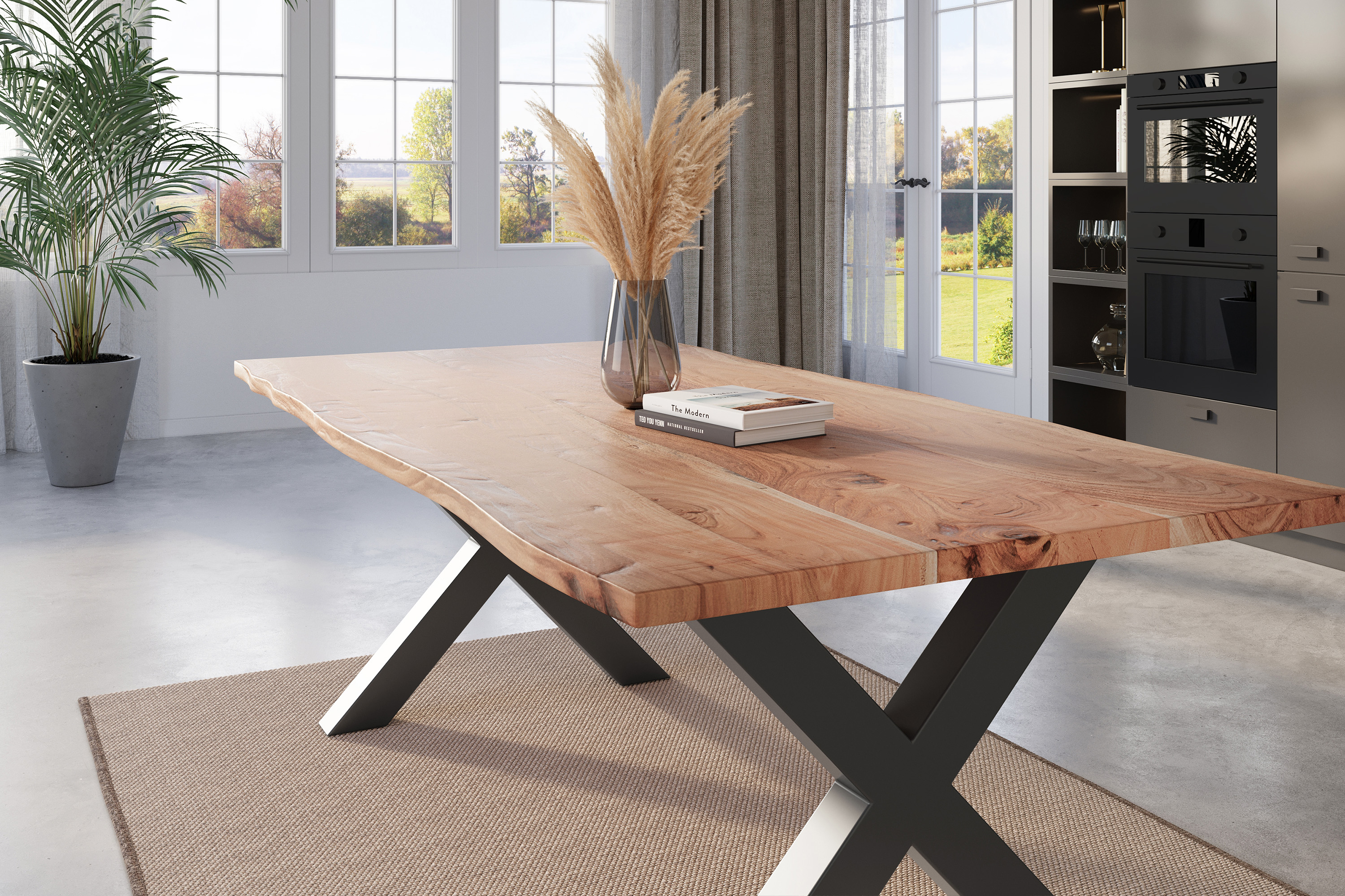 Esstisch Baumkante massiv Akazie natur 180 x 90 schwarz X-Gestell NICK