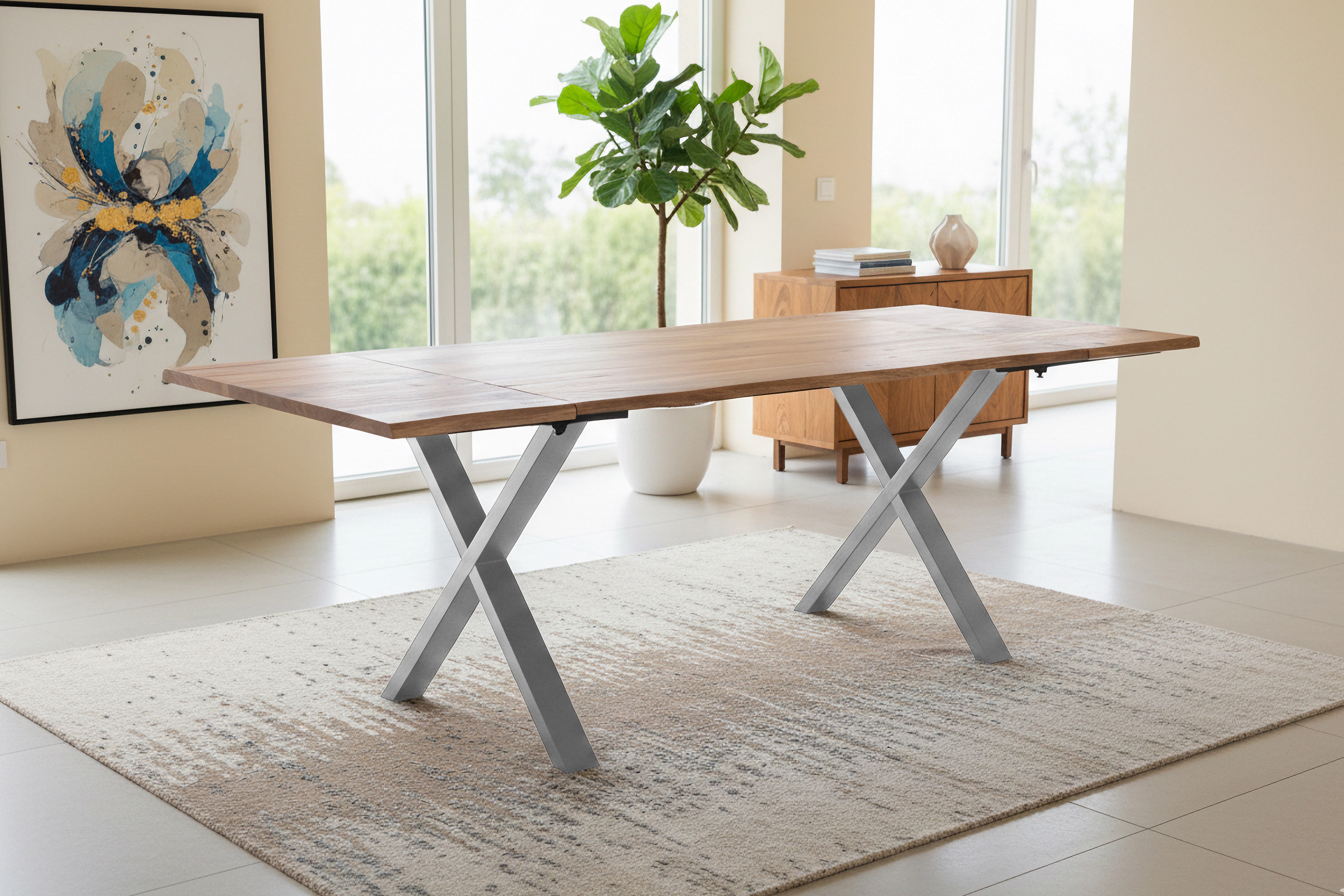 Esstisch Baumkante Akazie natur 140(220)x90 Ansteckplatten X-Gestell silber AVINO