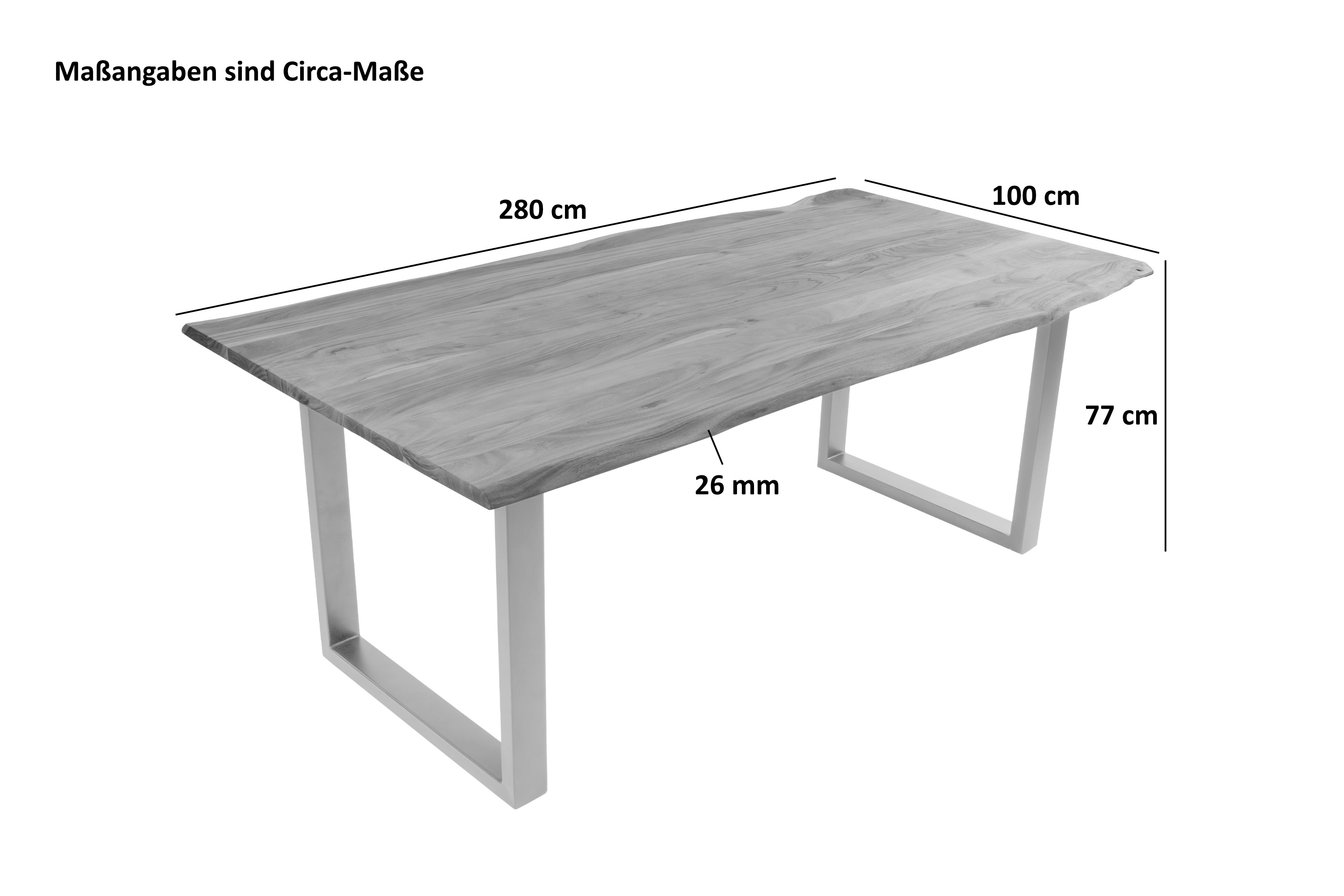 Esstisch Baumkante massiv Akazie eichefarben 280 x 100 cm silber DEREK