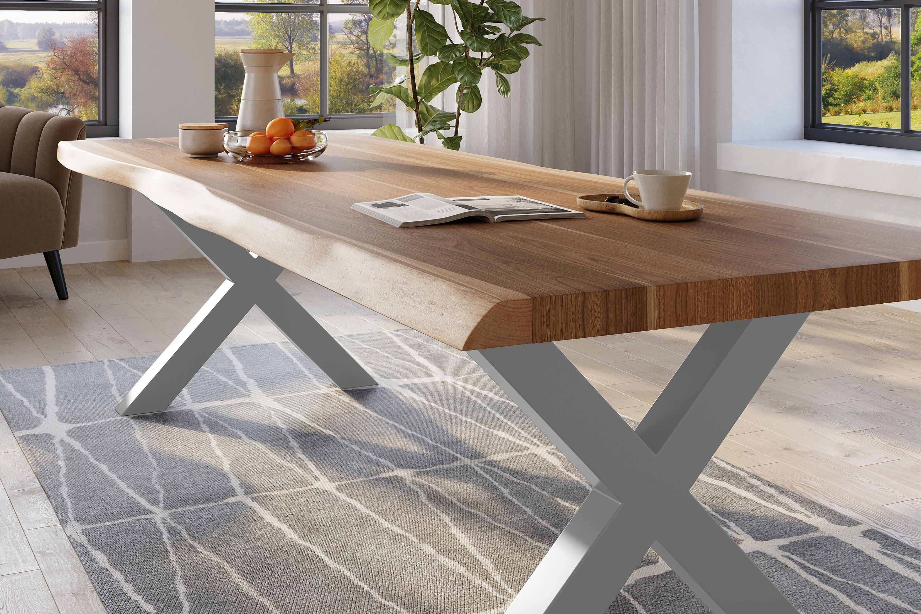 Esstisch Baumkante massiv Akazie natur 260 x 120 X-Gestell Metall silber TITAN