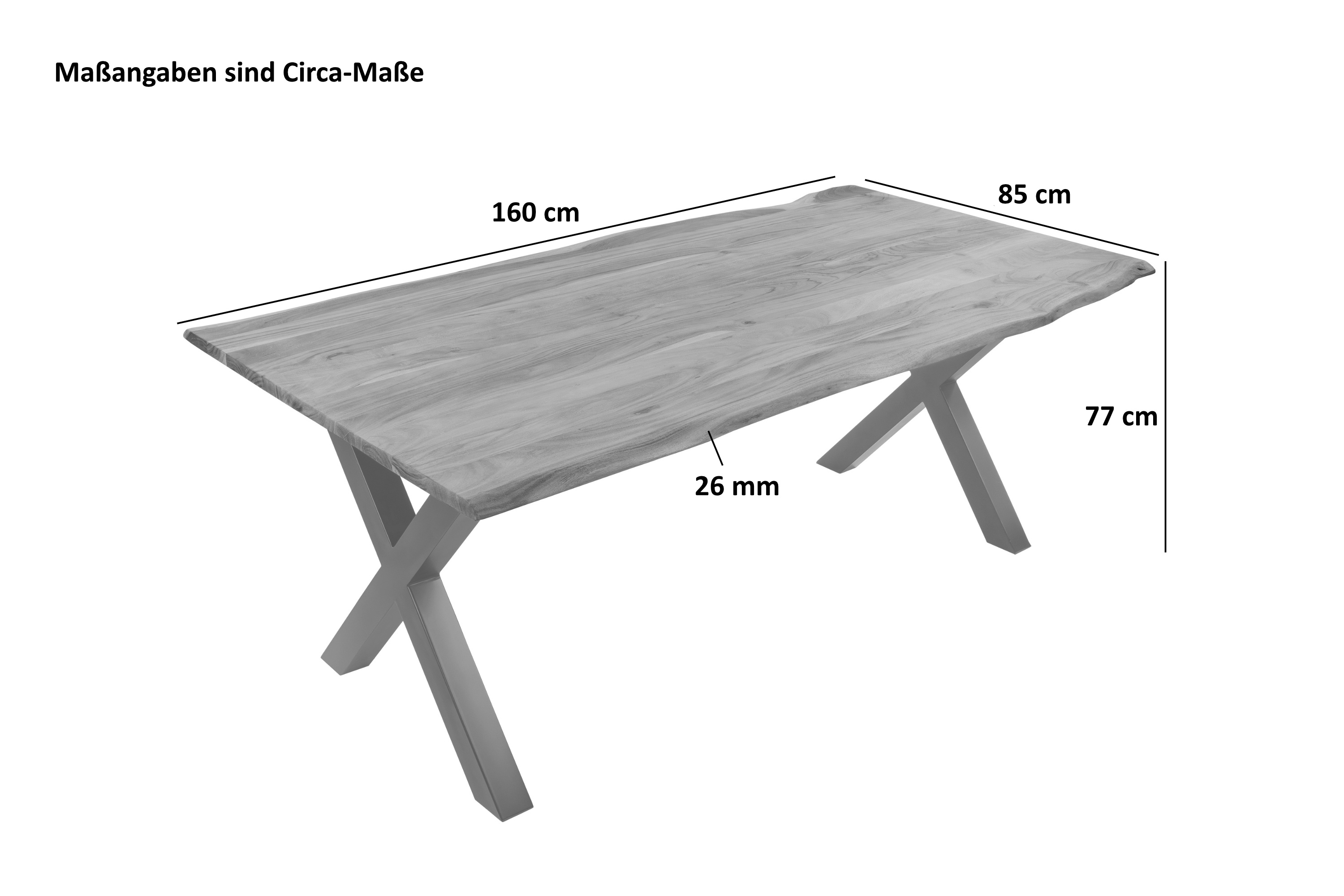 Esstisch Baumkante massiv Akazie eichefarben 160 x 85 cm X-Gestell schwarz DEREK