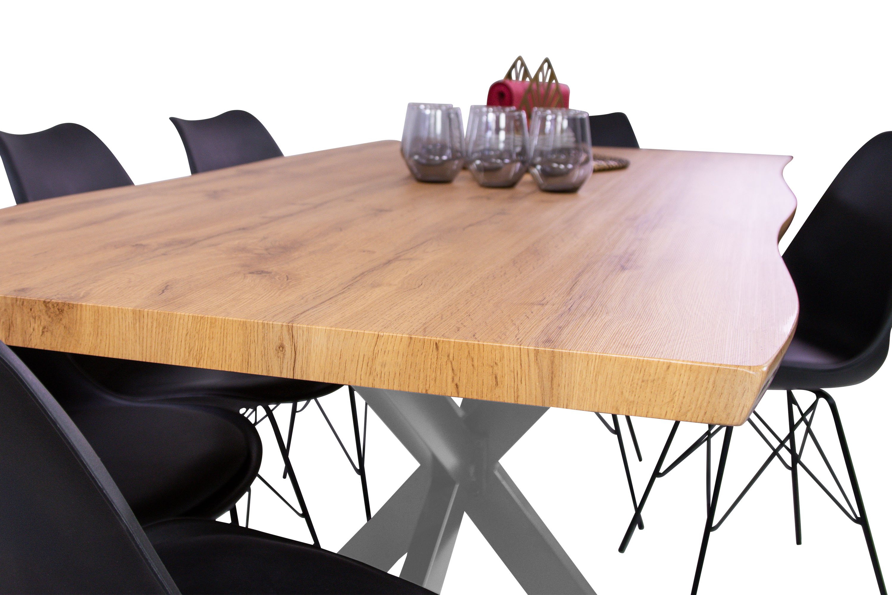 Esstisch Baumkante Holz-Optik Wildeiche 180 x 90 Spider-Gestell silber JOSY