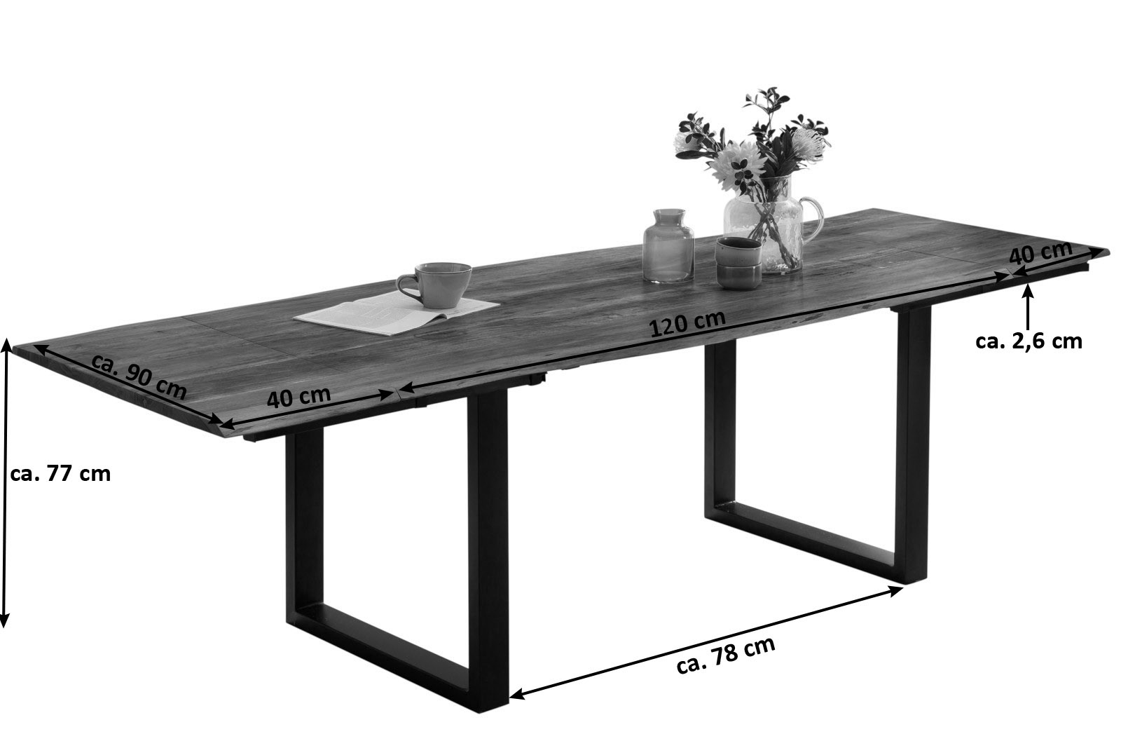 Esstisch Baumkante Akazie natur 120(200)x90 Ansteckplatten schwarz ADINA