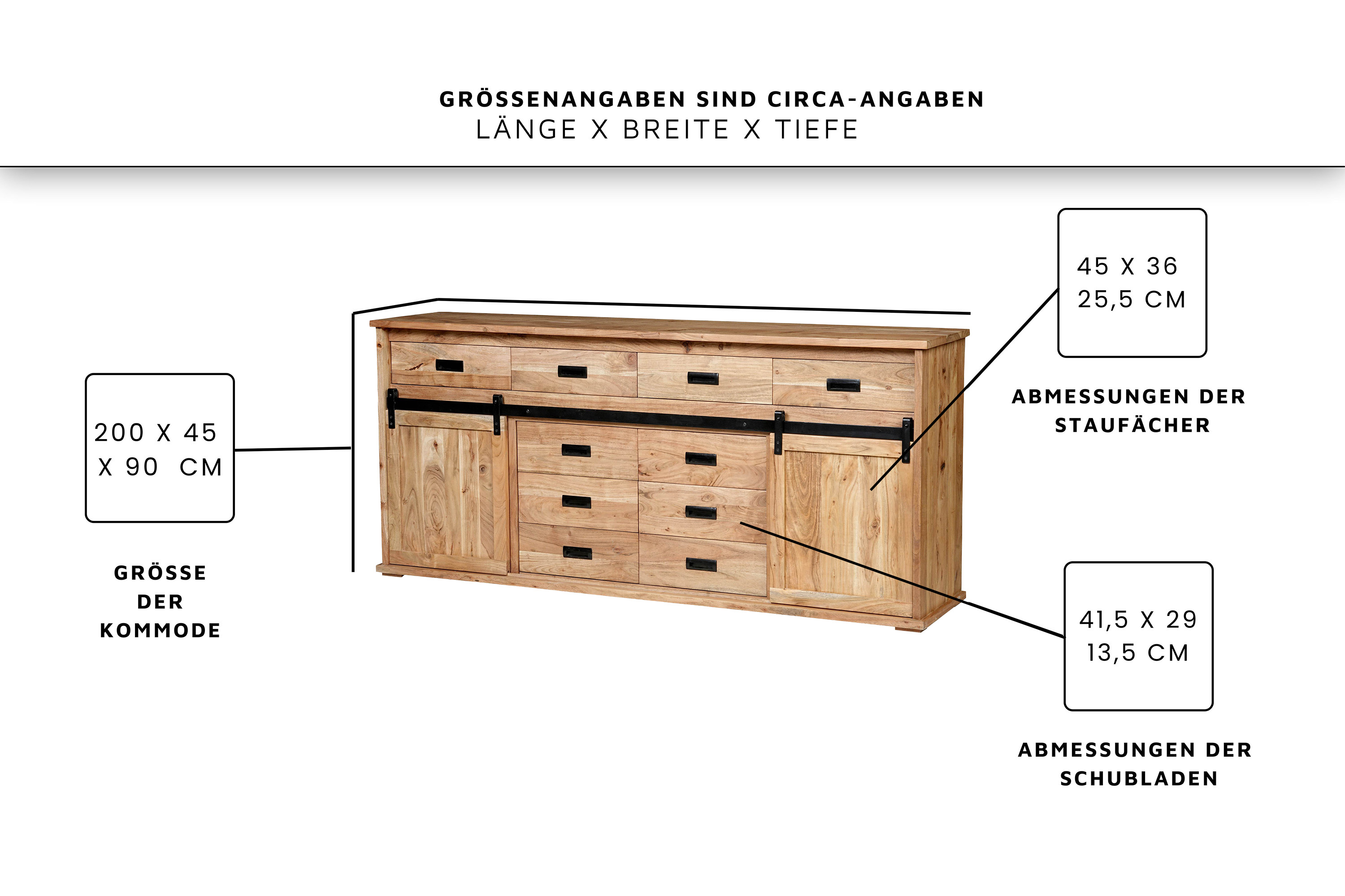 Sideboard 200 x 45 x 90 cm Akazienholz massiv naturfarben ohne Baumkante LIAN 4