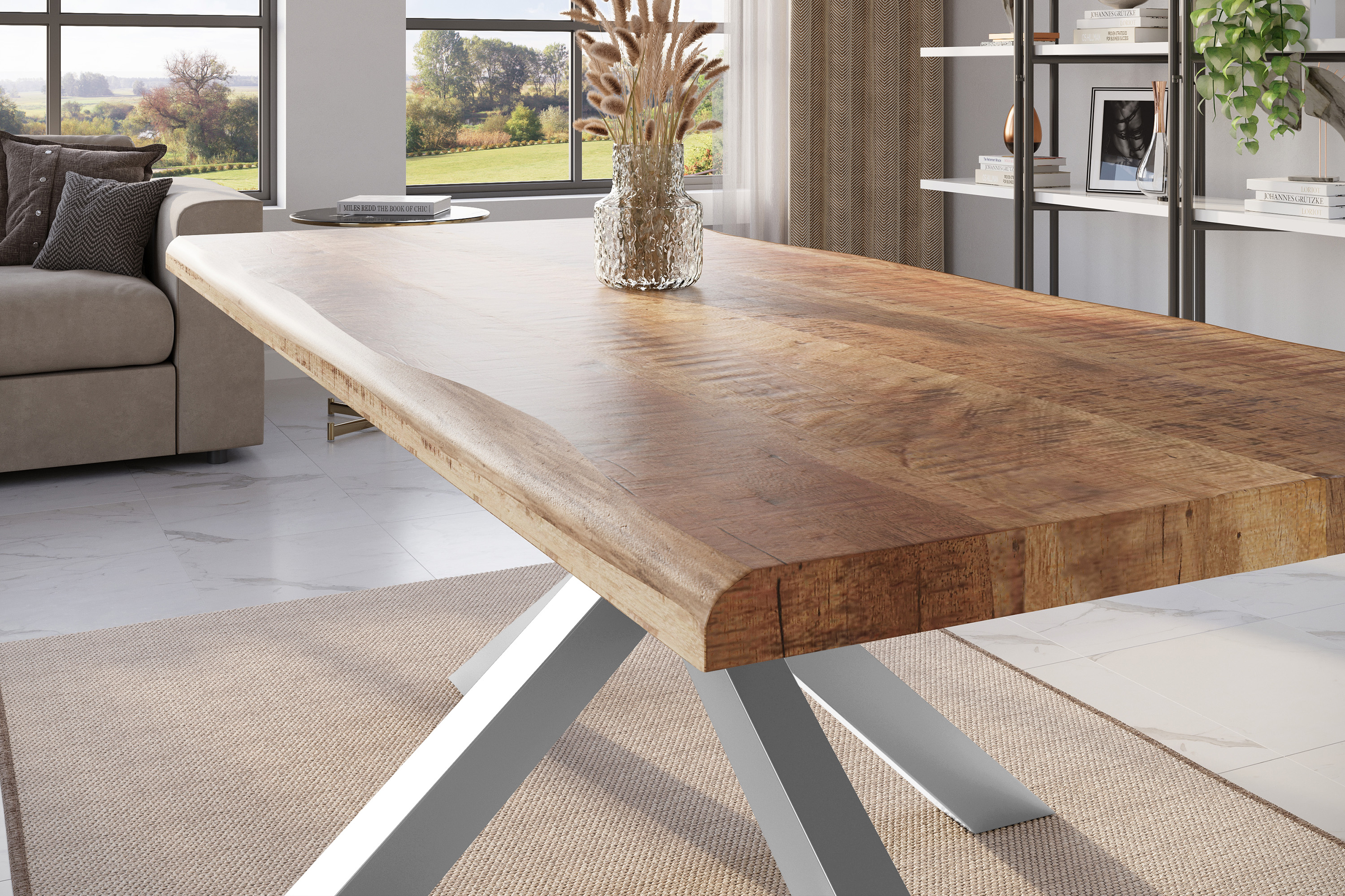 Esstisch Baumkante massiv Mango rough 200 x 100 Spider-Gestell silber ATLAS