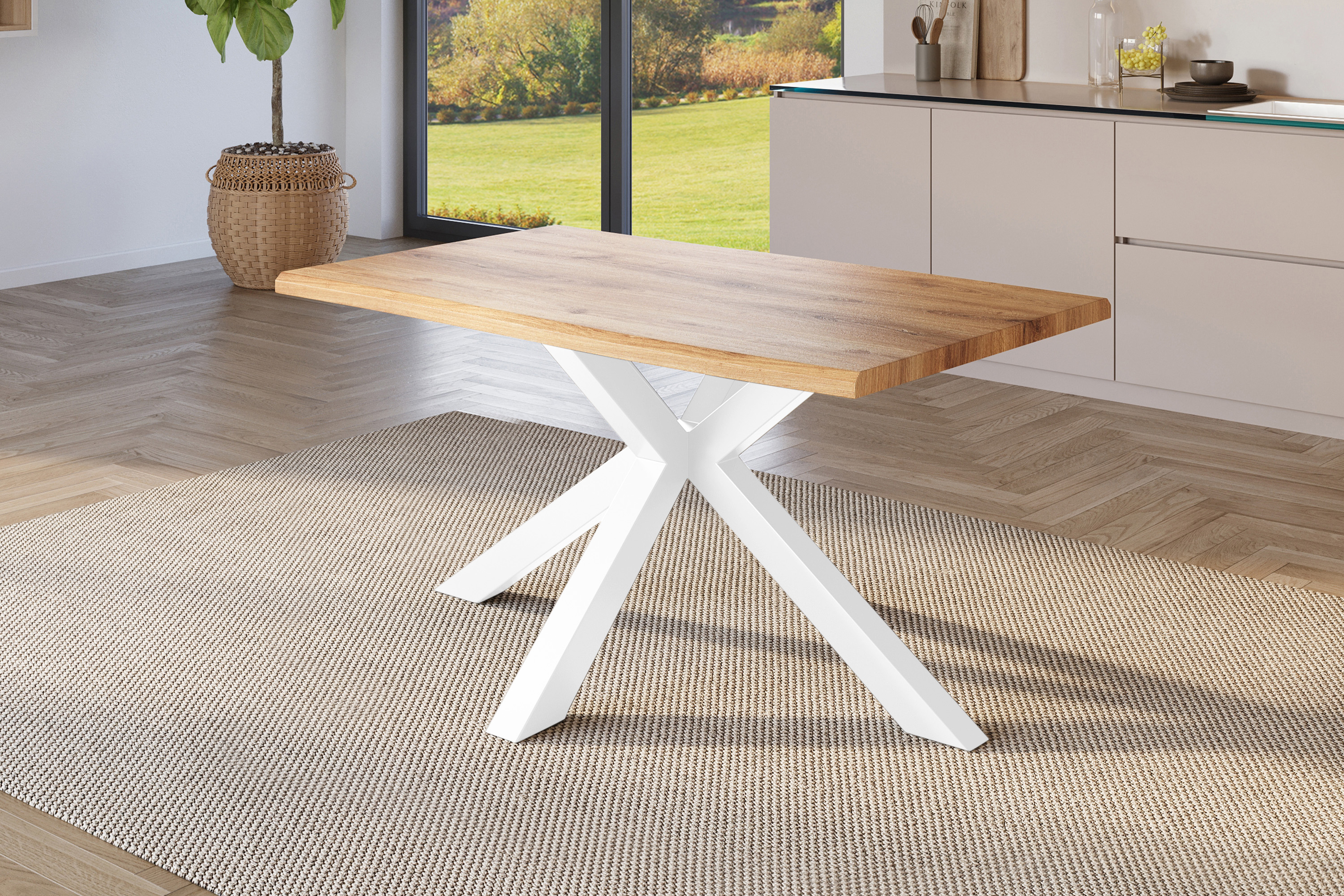 Esstisch Baumkante Holz-Optik Wildeiche 120 x 80 Spider-Gestell silber JULIUS