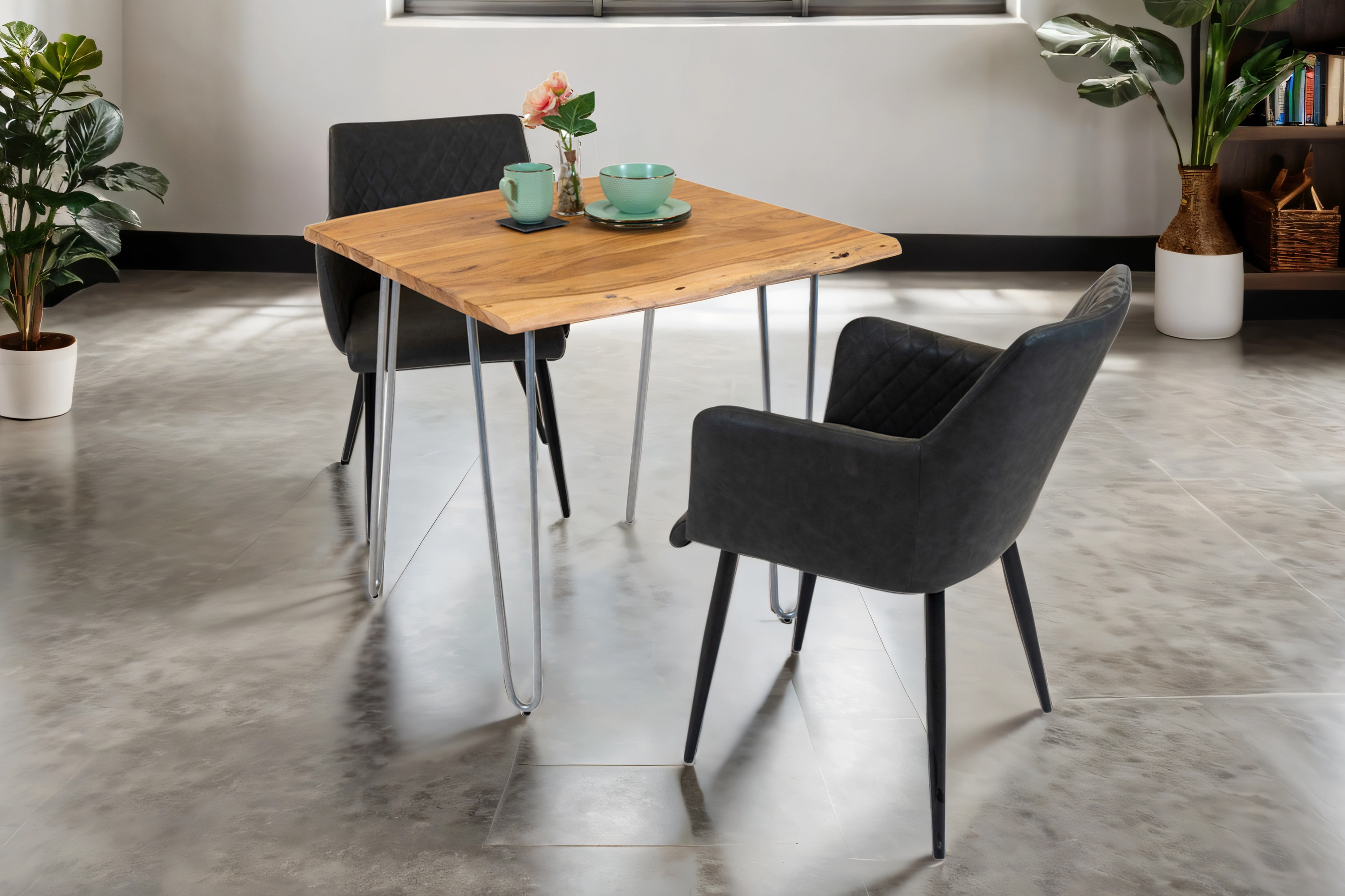 Esstisch Baumkante massiv Akazie natur 90x90 Hairpin-Gestell silber HANNAH