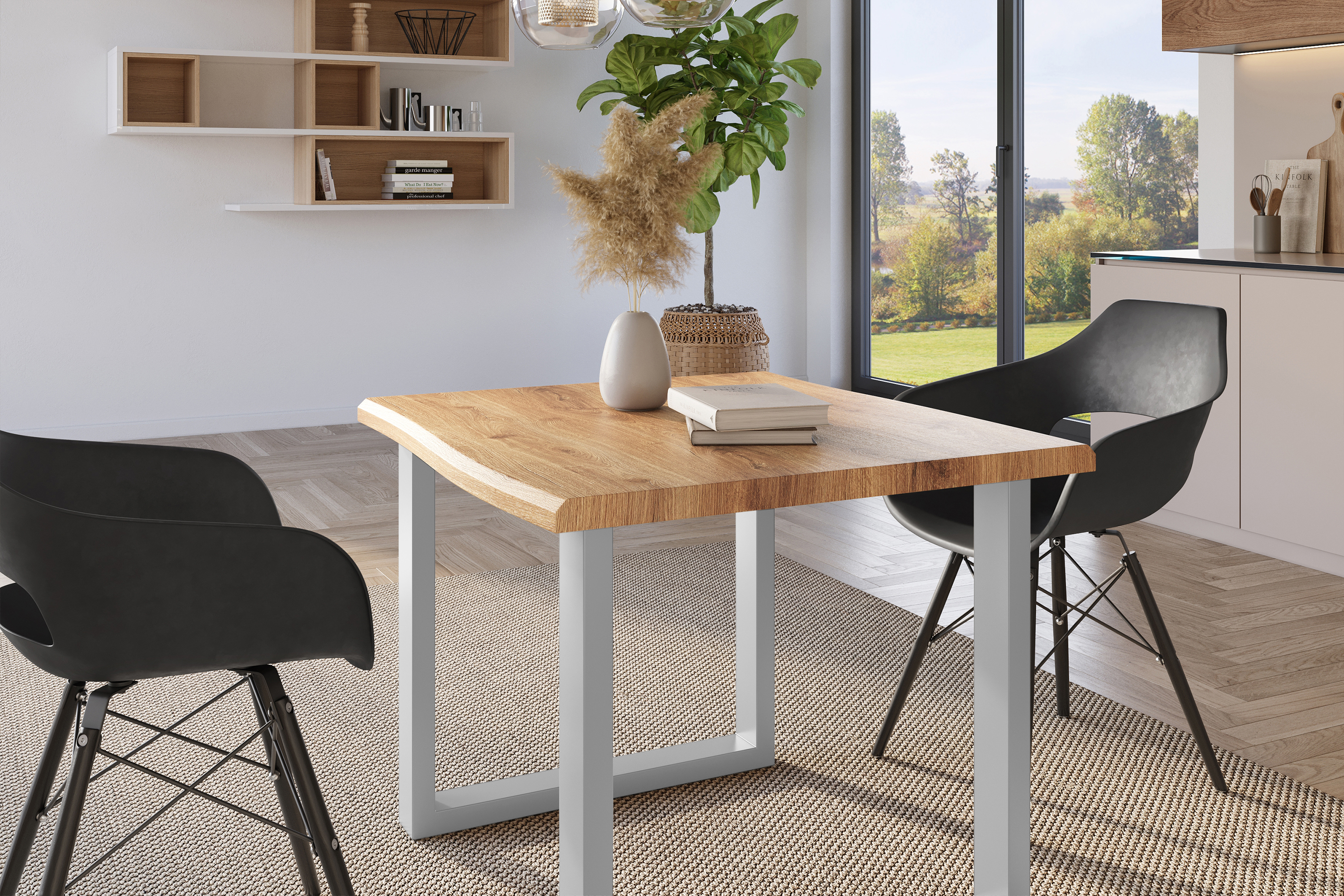 Esstisch Baumkante Holz-Optik Wildeiche 80 x 80 U-Gestell silber JULIUS