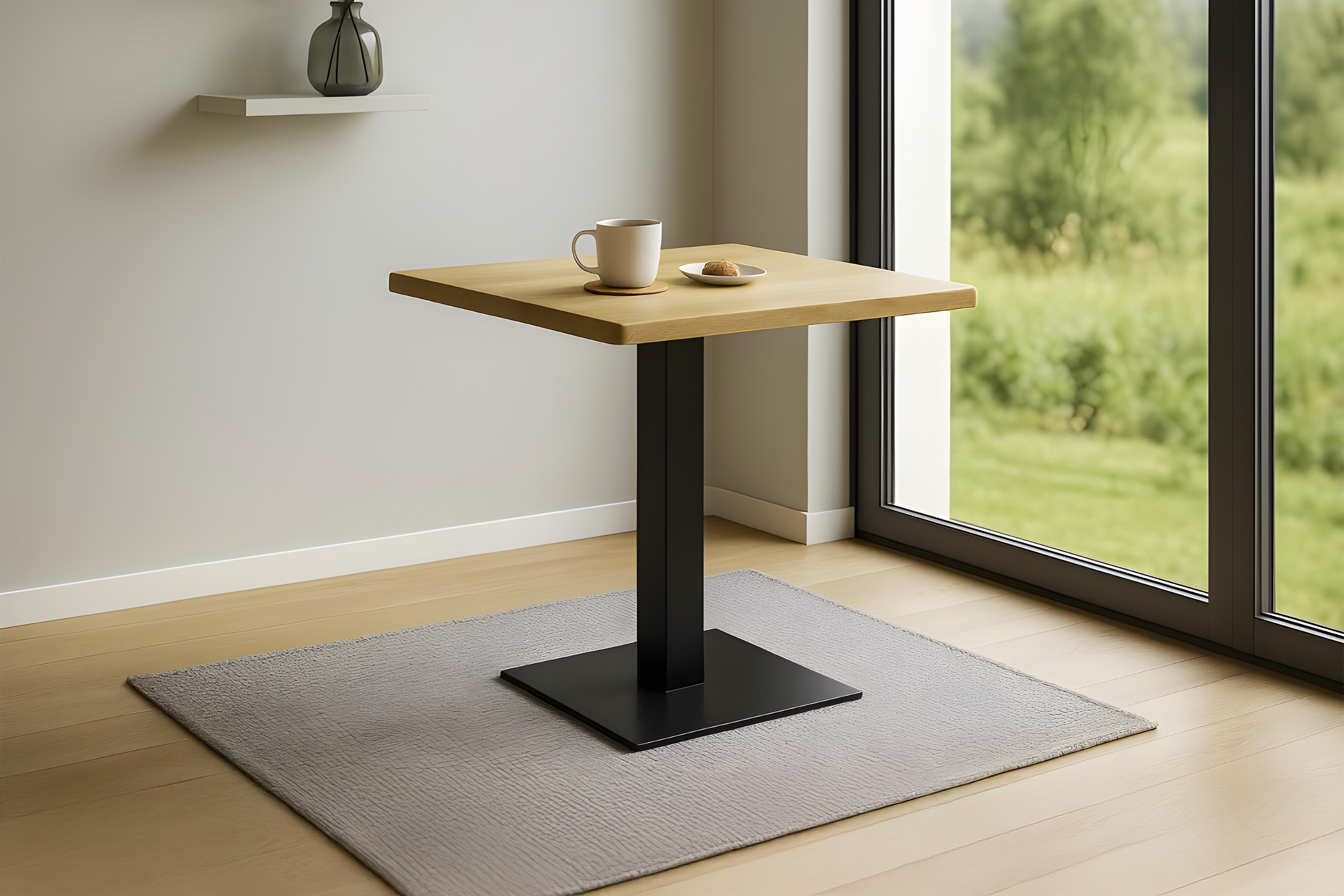 Bistrotisch Baumkante massiv Eiche geölt 60 x 60 cm Säulengestell schwarz IRIS