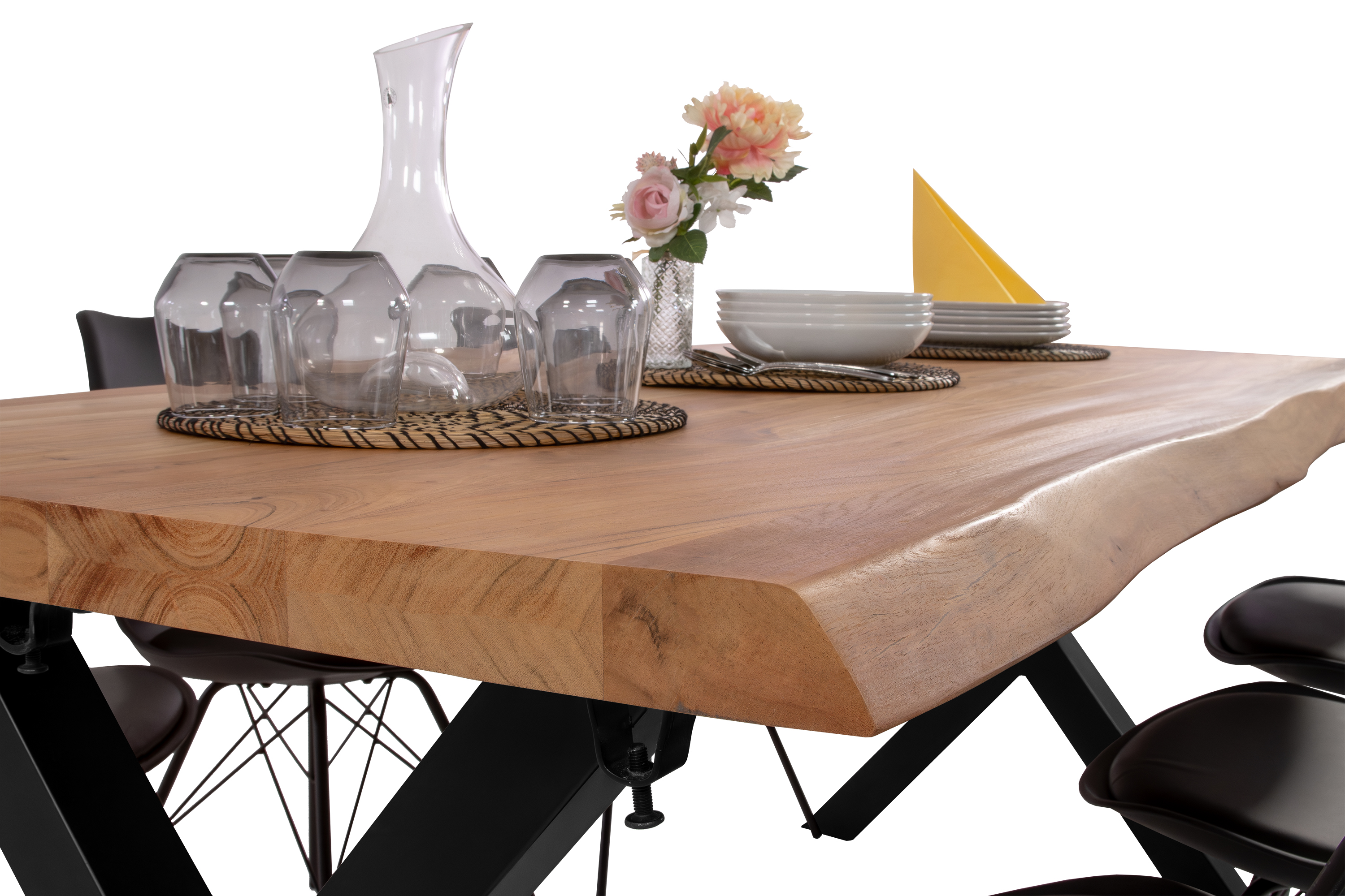 Esstisch Baumkante Akazie natur 140 (220) x 90 cm X-Gestell schwarz mit Ansteckplatten CALI