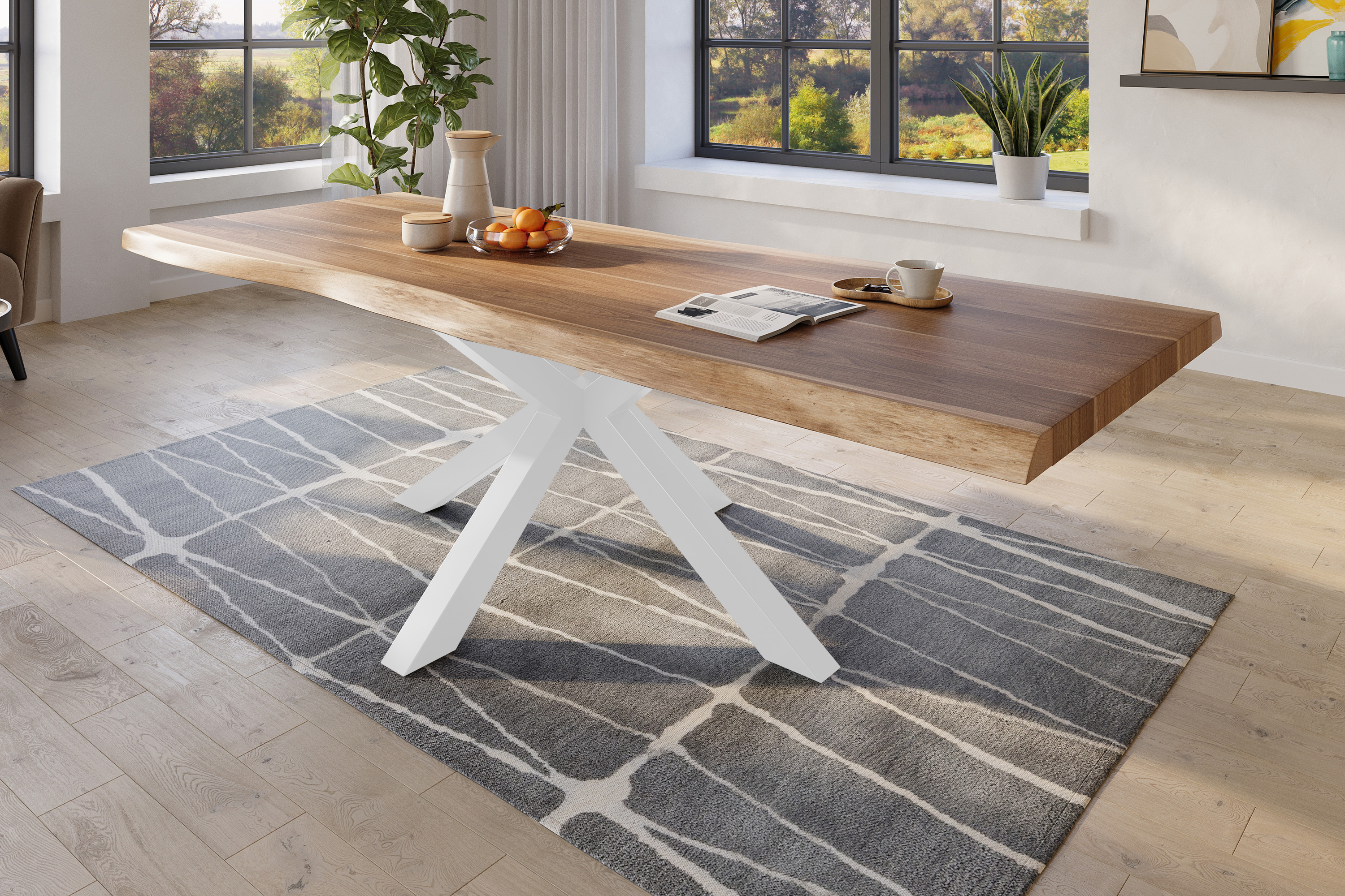 Esstisch Baumkante massiv Akazie natur 260 x 120 Spider-Gestell Metall weiß TITAN