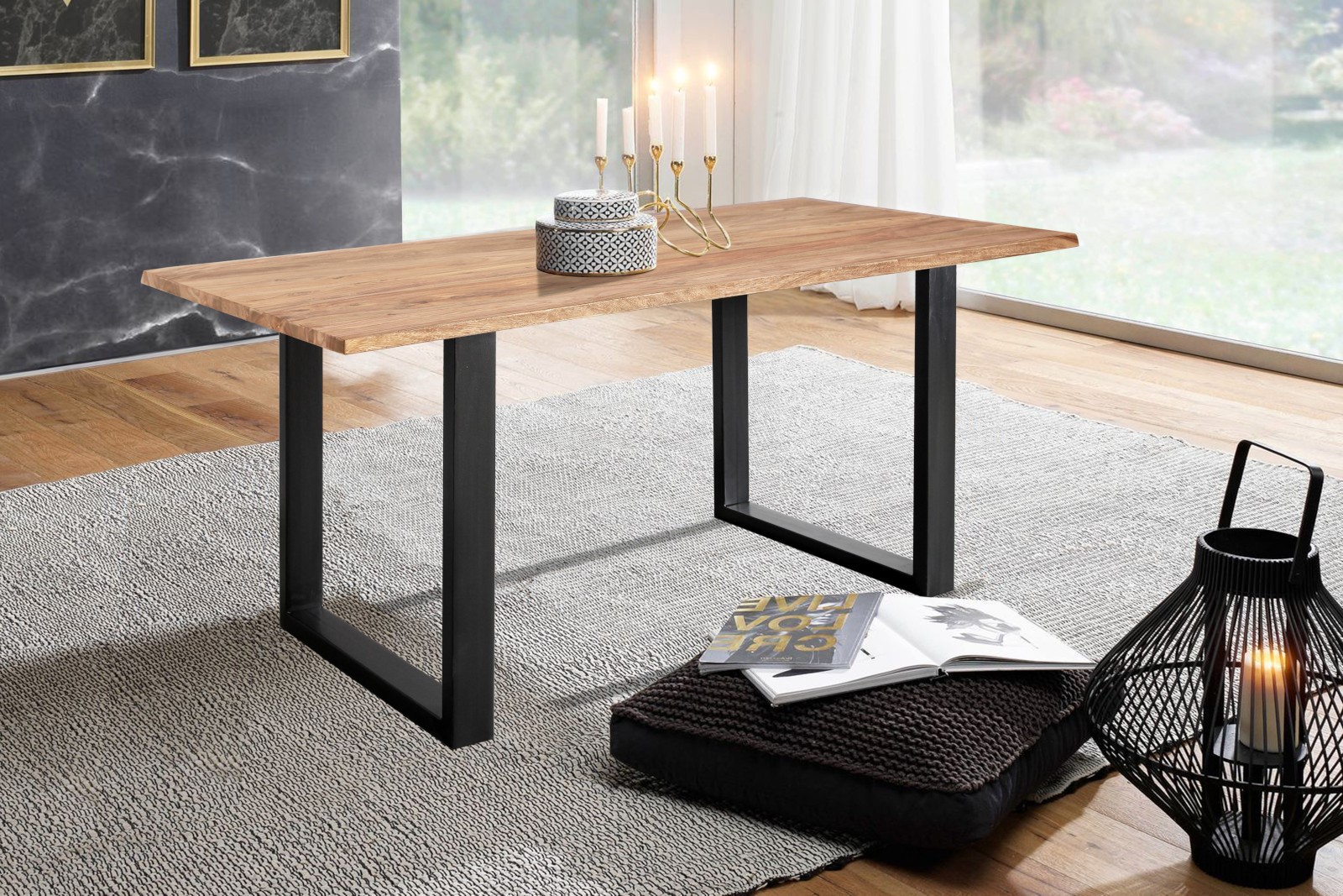 Baumkante Esstisch Sheesham naturbelassen 120 x 80 schwarz MAREK