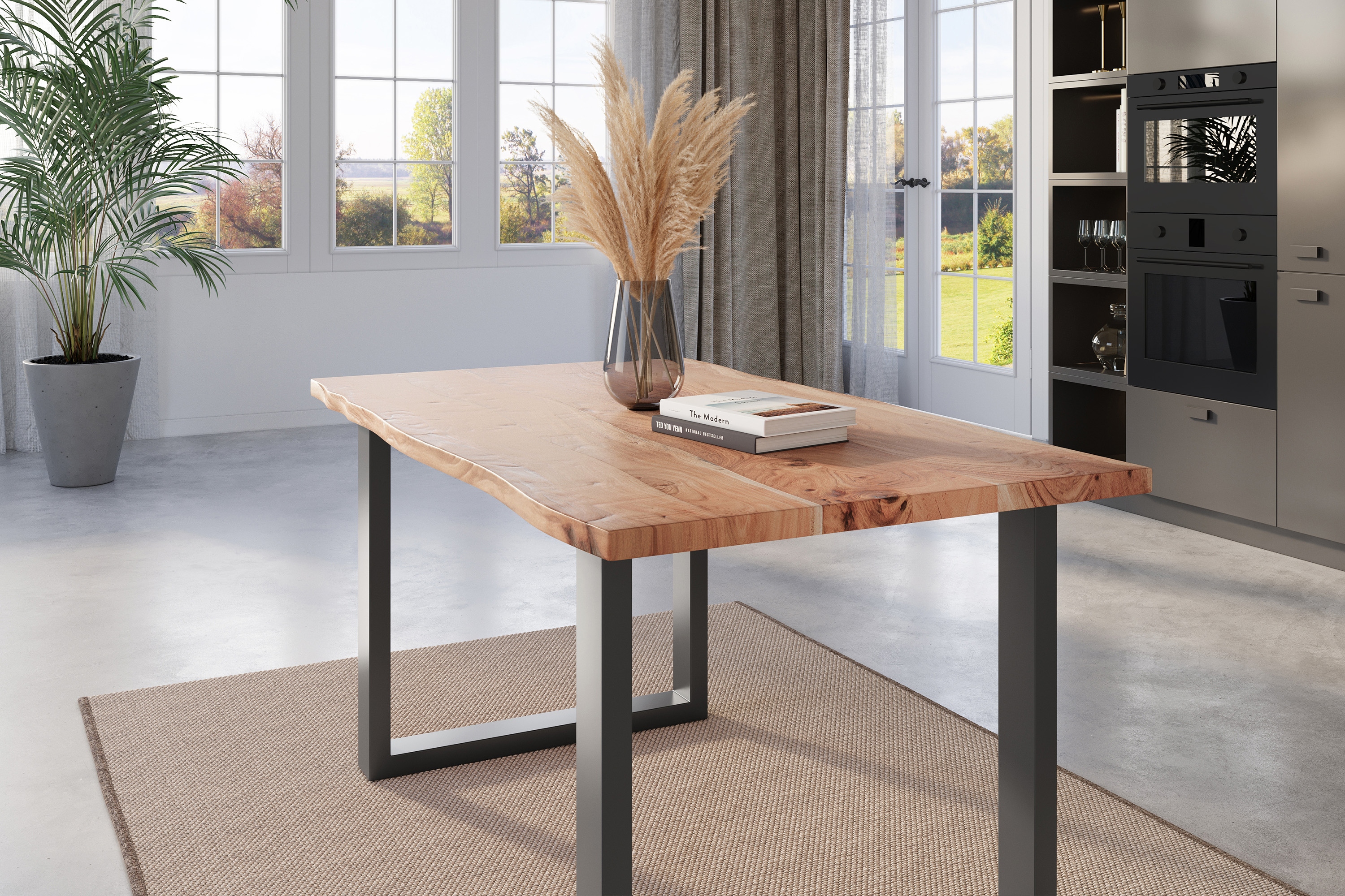 Esstisch Baumkante massiv Akazie natur 120 x 80 U-Gestell schwarz NICK