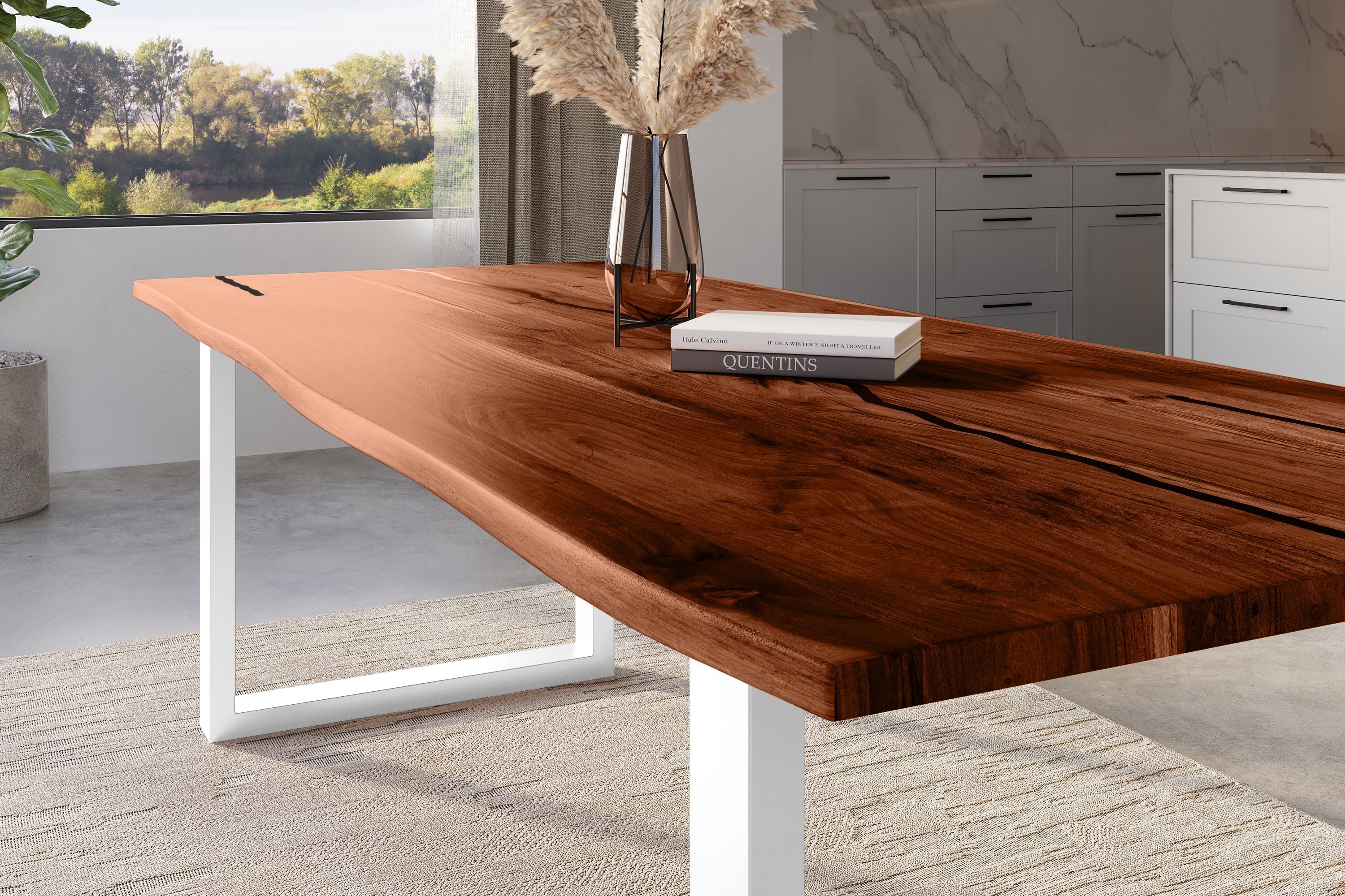 Baumkantentisch Akazie mit schwarzen Resin-Adern nussbaumfarben 300 x 100 cm U-Gestell weiß POLLY