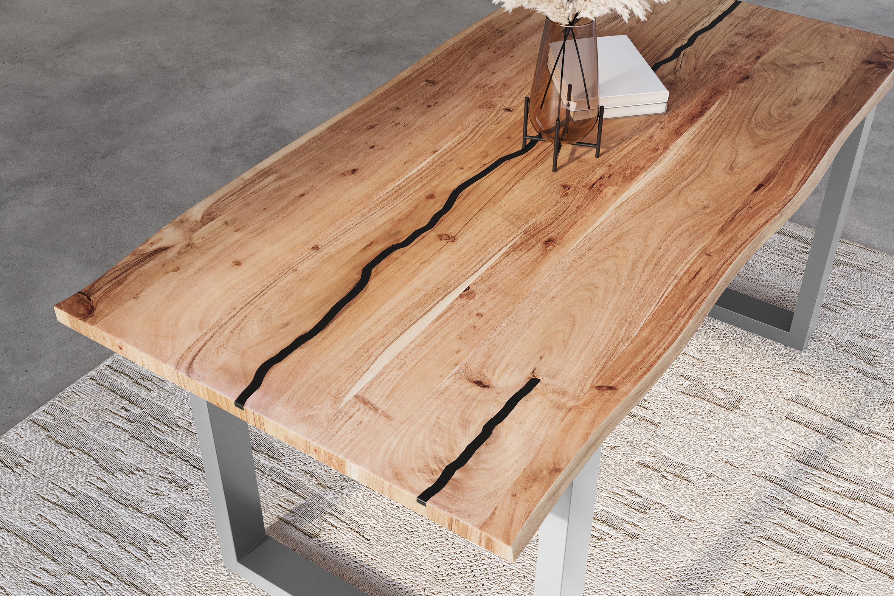 Baumkantentisch Akazie mit schwarzen Resin-Adern naturfarben 140 x 80 cm U-Gestell silber POLLY